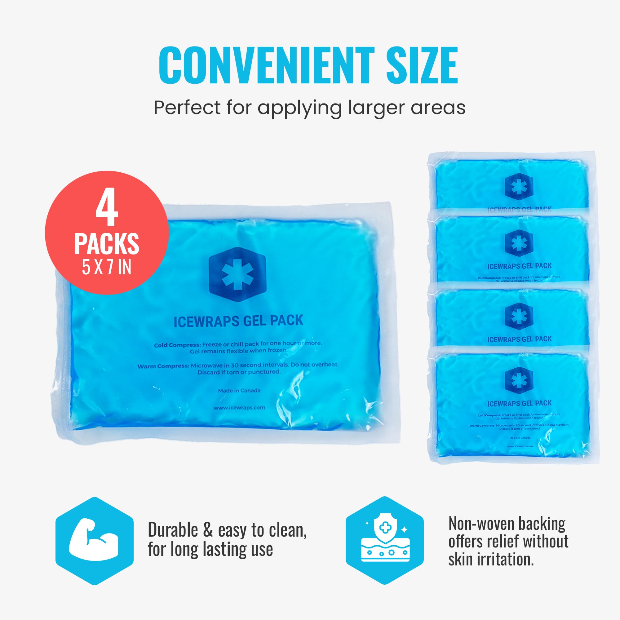 ICEWRAPS 5x7 Inch Reusable Hot & Cold Gel Ice Packs for Injuries - Pain Relief for Arm, Leg, Back, Migraines - Flexible Gel Compress for Sports Injuries, Post-Surgery Recovery & Muscle Soreness - Pack of 4