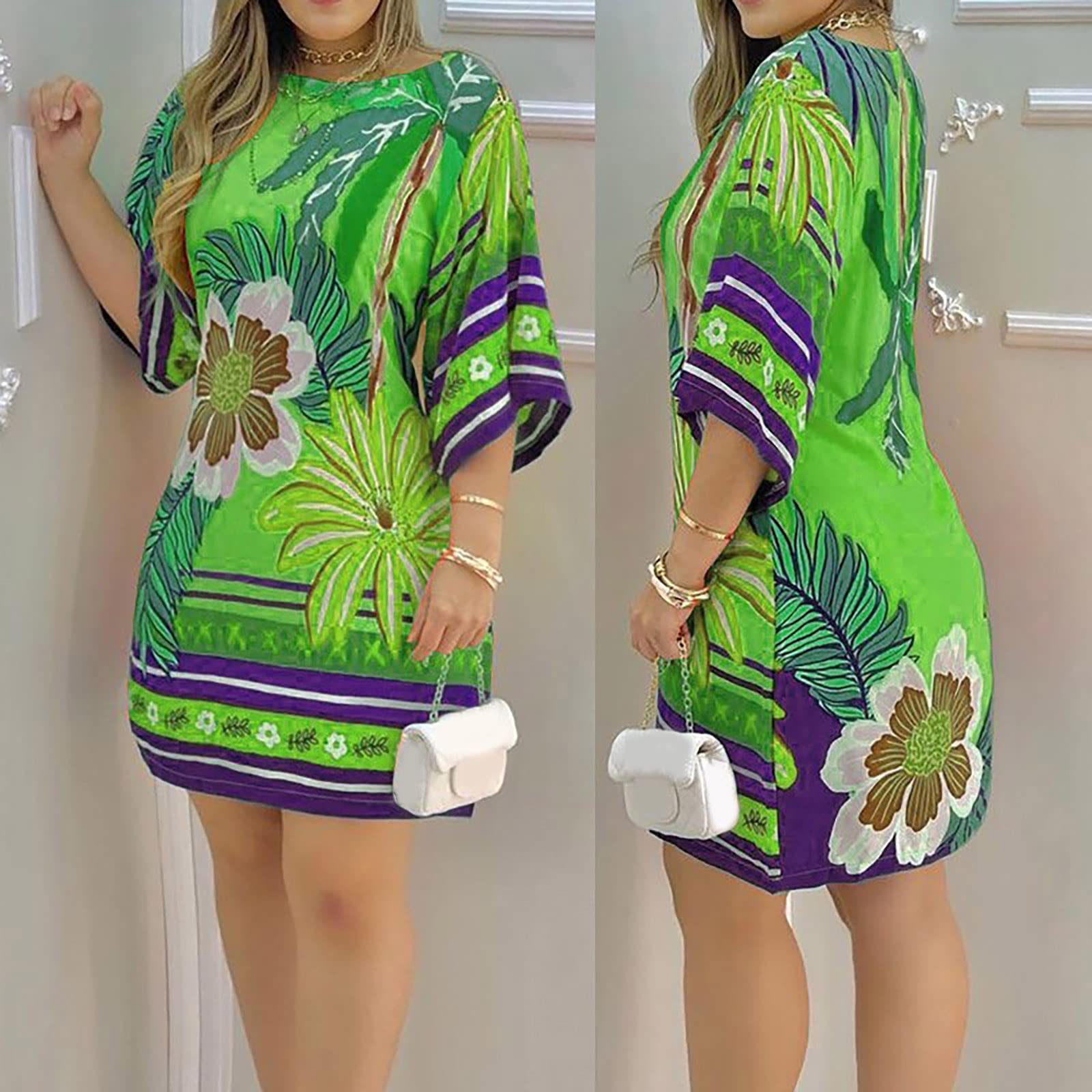 Women's Floral Printed Spaghetti Strap Mini Sun Dress - Round Neck Sleeveless Casual Summer Dress for Beach, Vacation & Christmas Party