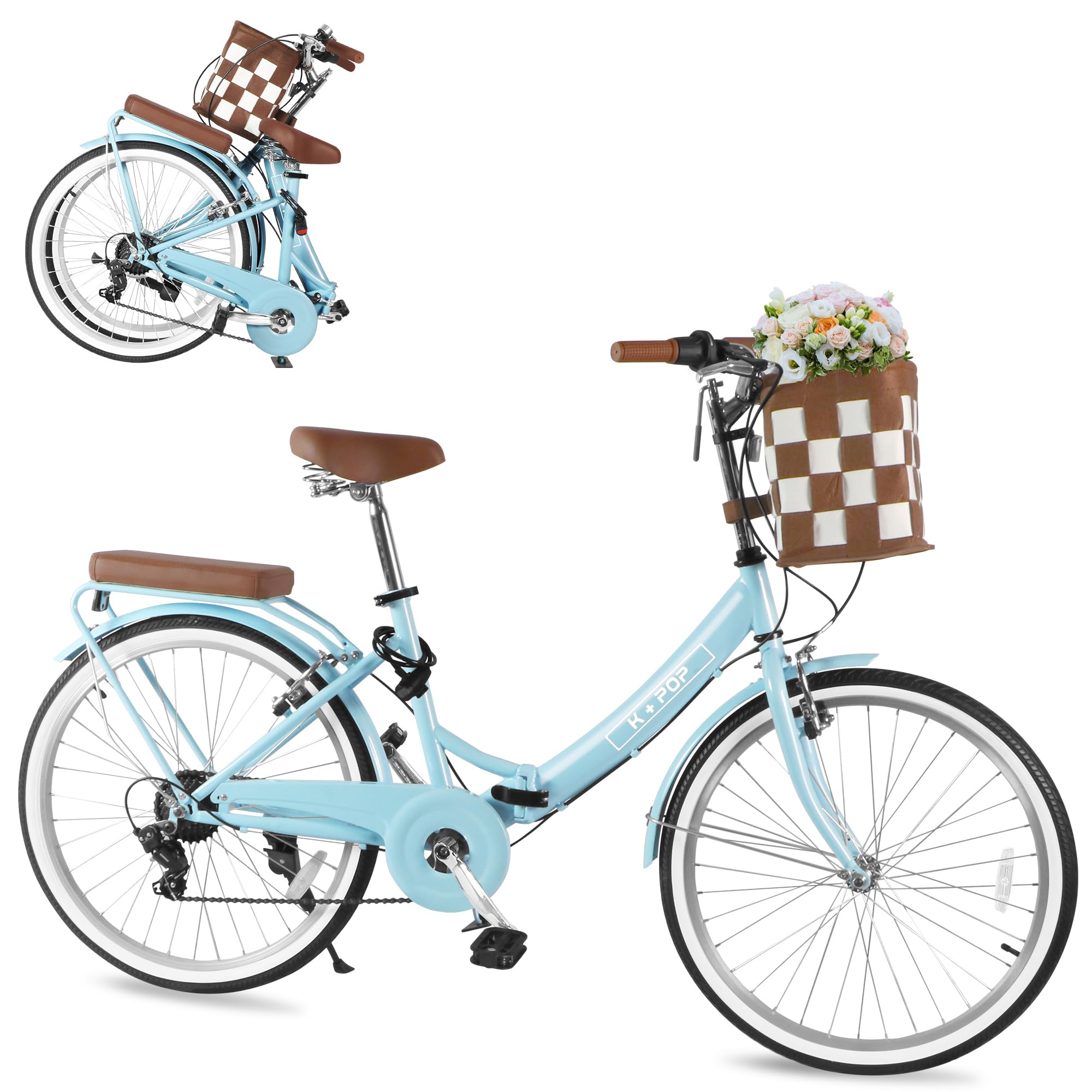 26-Inch Foldable Beach Cruiser Bike for Women - 7-Speed Commuter Bike with Front Basket, Light Blue Classic Paint & Streamlined Design - Perfect for City Commuting, Fitness Riding & Beach Vacations