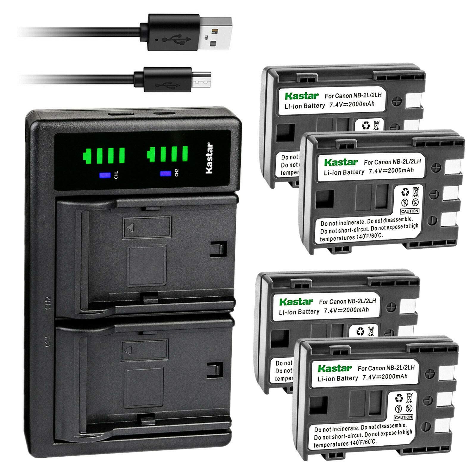 Kastar 4-Pack NB-2LH Replacement Batteries & LTD2 USB Charger for Canon Optura 30/40/50/60/400/500 & PowerShot G7/G9/S30/S40 Cameras - Perfect for Travel, Vlogging & Photography