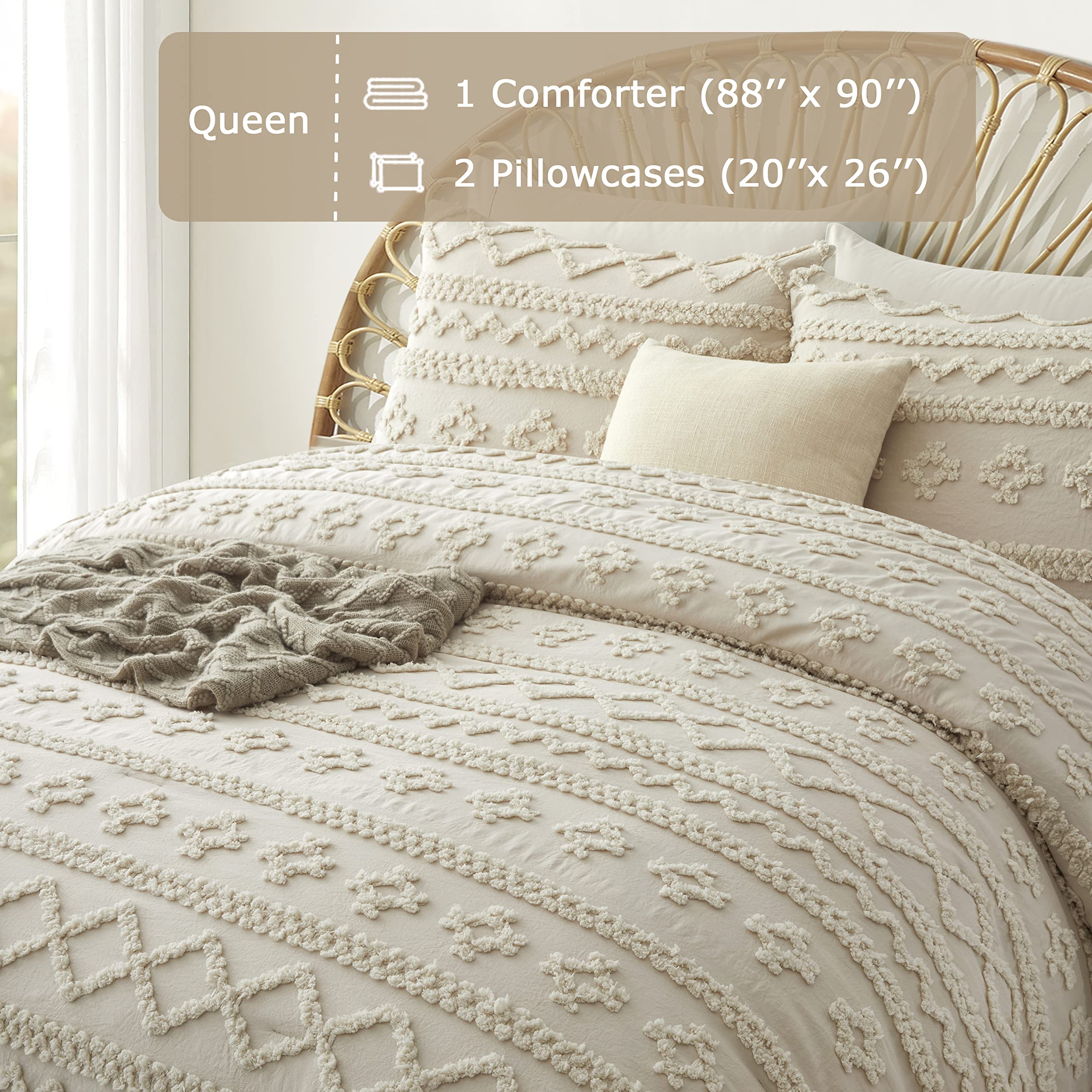 Oli Anderson Beige Queen Comforter Set - 3 Piece Tufted Boho Shabby Chic Bedding with 2 Pillowcases | Soft & Cozy for Master Bedroom, Guest Room & Dorm Decor (Beige, Queen Size)