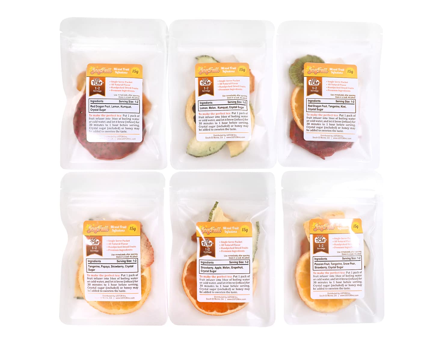 USTCM JoyFull Mixed Fruit Infusions Tea - All Natural Dried Fruit Blend (6 Flavors, 15g Each) - Healthy Herbal Tea for Relaxation, Detox & Weight Loss - Perfect for Iced Tea, Gift Sets & Afternoon Tea Time