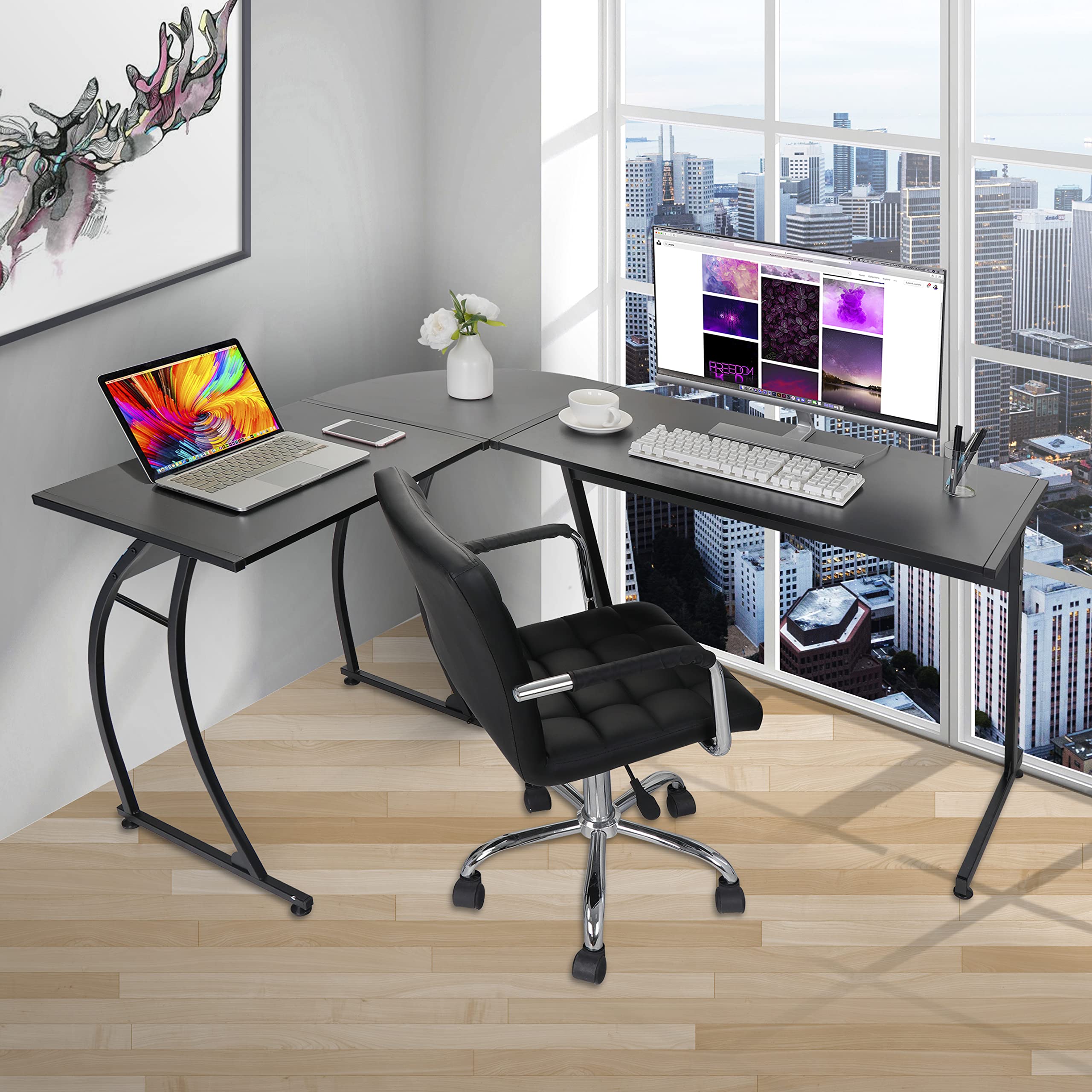 Modern L-Shaped Home Office Desk with Round Corner - Sturdy Steel Frame Computer Desk for Gaming, Writing & Workstation - Perfect for Small Spaces & Home Offices (Black)
