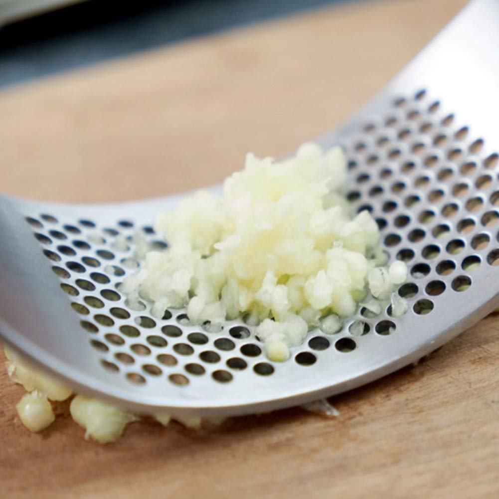 Premium Stainless Steel Garlic Press Rocker - Arc Shape Design for Effortless Crushing & Mincing - Includes 2 Pack Garlic Peeler & Chopper - Perfect for Cooking, Meal Prep & Professional Kitchens