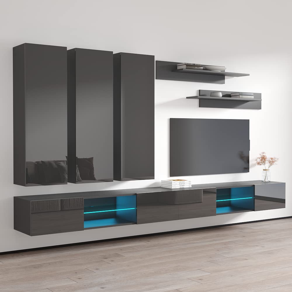 Modern Wall-Mounted TV Stand with Storage & LED Lights - Fly E33 Entertainment Center Console for Living Room & Bedroom - Floating TV Shelf Unit with Adjustable Shelves (Gray) - Perfect for Small Spaces & Home Theater Setup