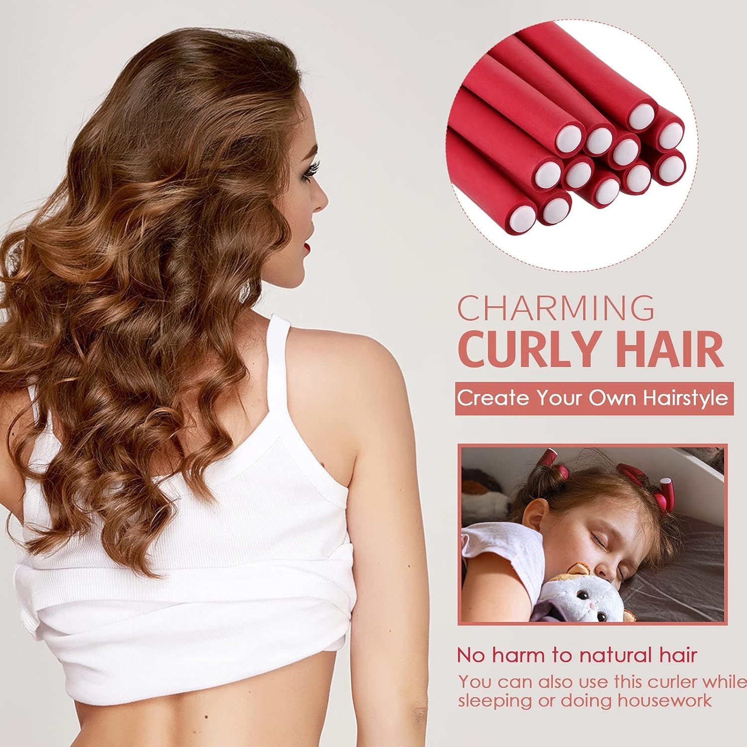 10 Pack Lobe Miracle Soft Foam Hair Rollers - No Heat Flexible Curling Rods for Women & Girls, Long & Short Hair (9 x 0.39 Inch, Red) - Perfect for Overnight Curls, Salon-Quality Styling at Home, and Travel-Friendly Hair Care