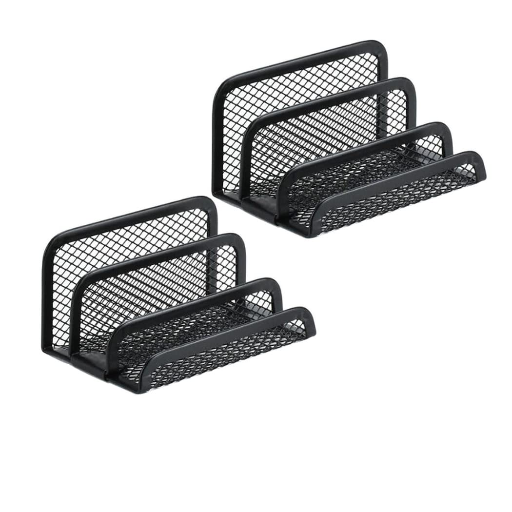 Premium 3-Tier Metal Mesh Business Card Holder - Sleek Black Desk Organizer for Office & Reception (2 Pack) - Perfect for Networking, Trade Shows & Professional Workspaces