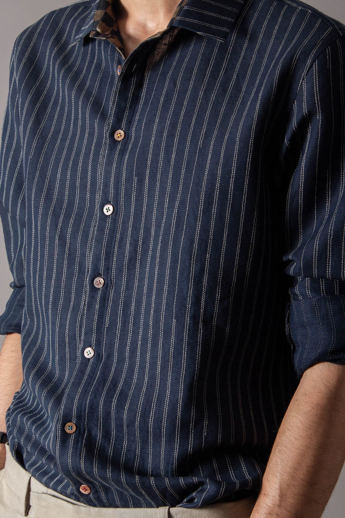 Classic Cotton Linen Shirt for Men - Navy Blue Striped Casual Button Down Shirt | Office Wear, Business Casual & Summer Outfits