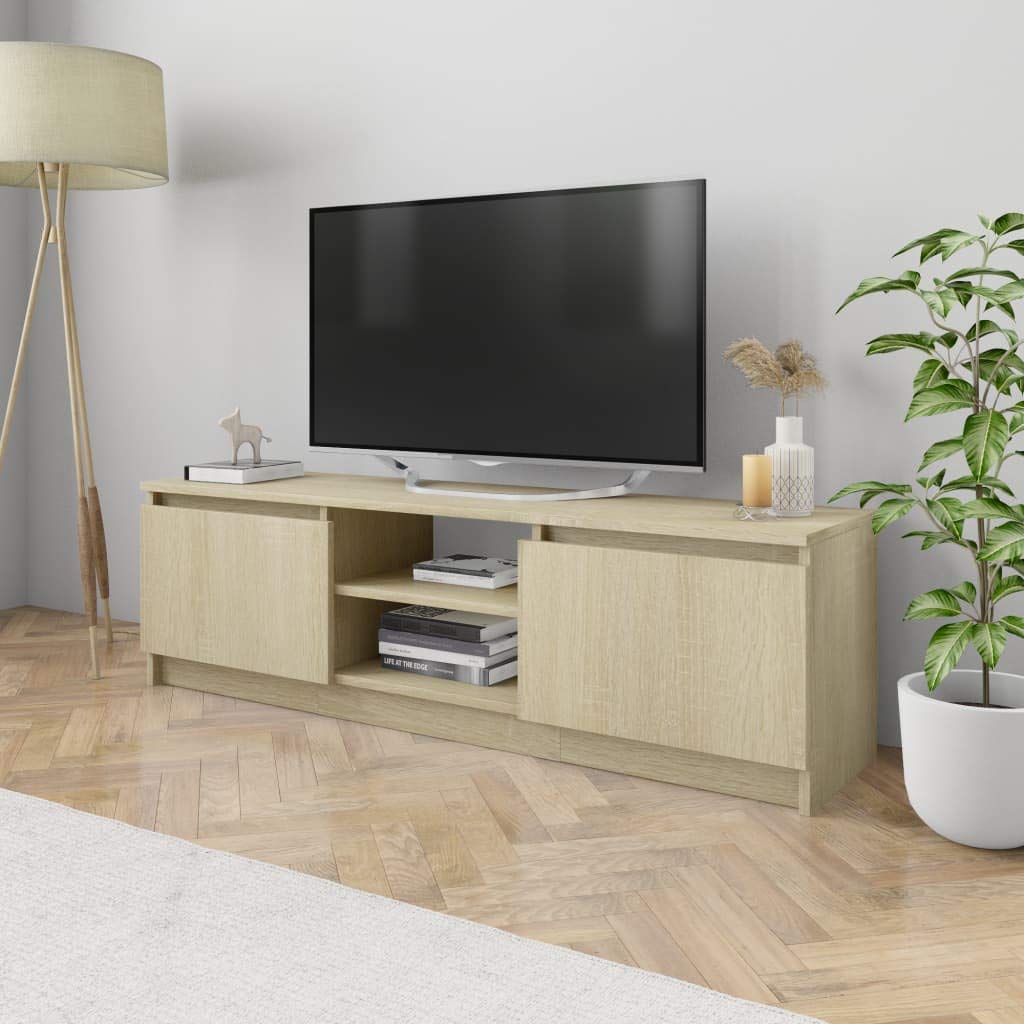 Modern 55 Inch TV Stand with 2 Doors & Open Shelves - Solid Wood Media Console Cabinet for Living Room & Bedroom - Oak Brown Entertainment Center (47