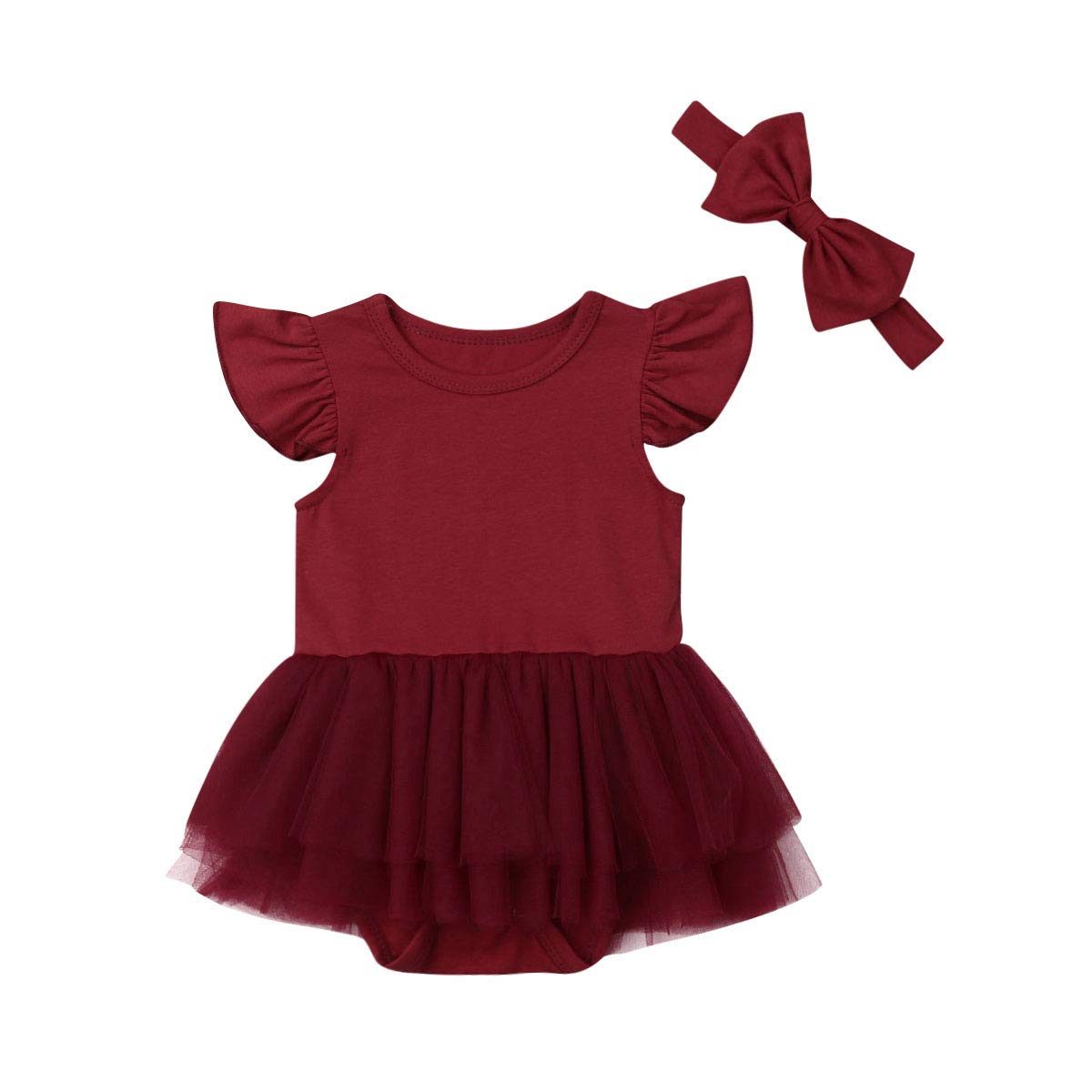 Newborn Baby Girl Ruffle Sleeve Tutu Dress Set with Bow Headband - Summer Outfit for Photoshoots, Birthday Parties & Special Occasions