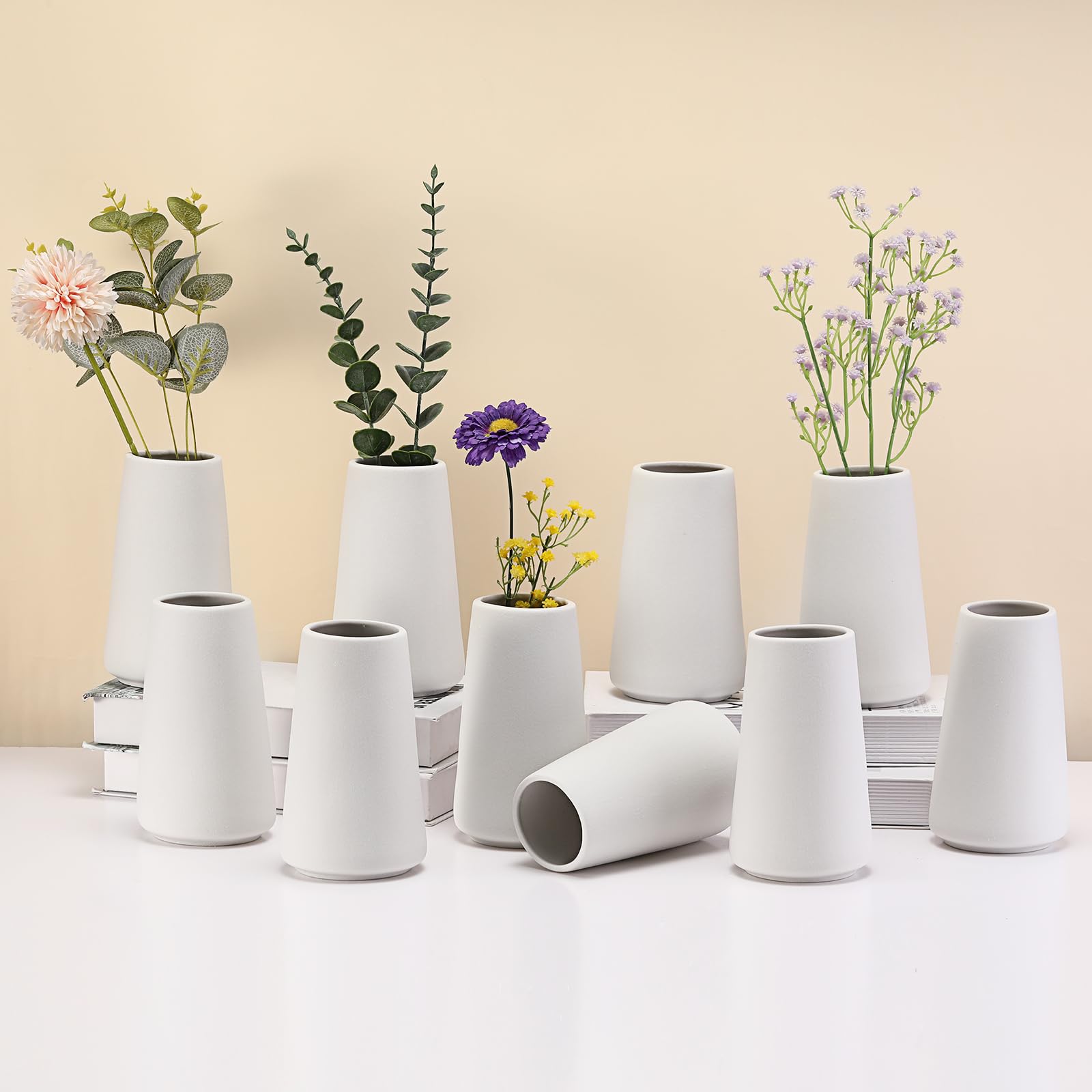 Roshtia Set of 10 White Ceramic Vases - Modern Farmhouse Decor for Wedding, Pampas Grass, Home & Office Table Centerpieces - Perfect for Rustic, Boho & Minimalist Interior Design Styles