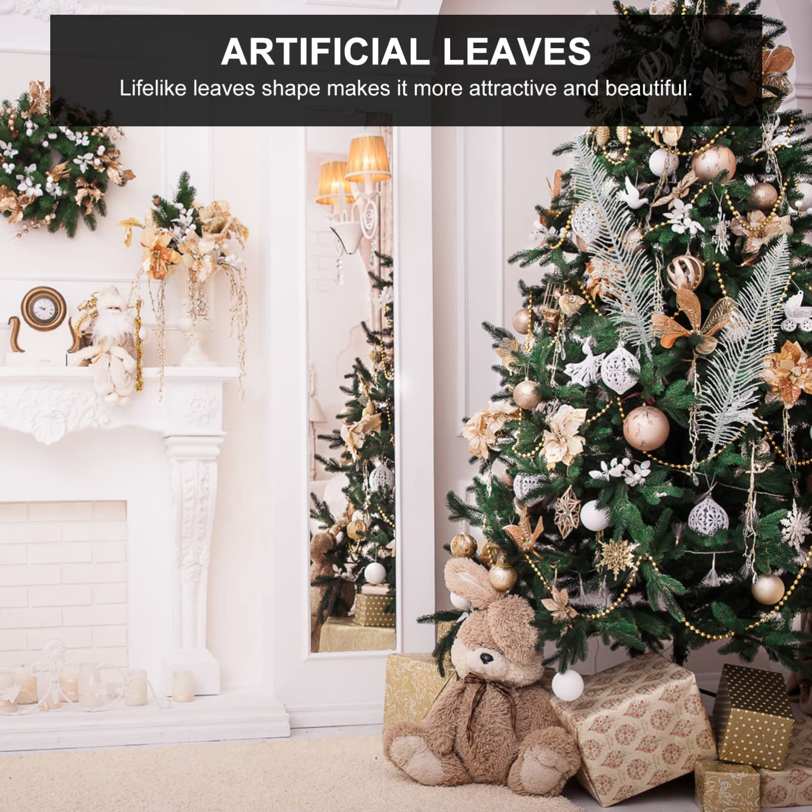 12pcs Artificial Christmas Glitter Leaves Fern Bush - Tropical Leaf Poinsettia Flowers for Xmas Tree Decorations, Holiday Party & Home Decor