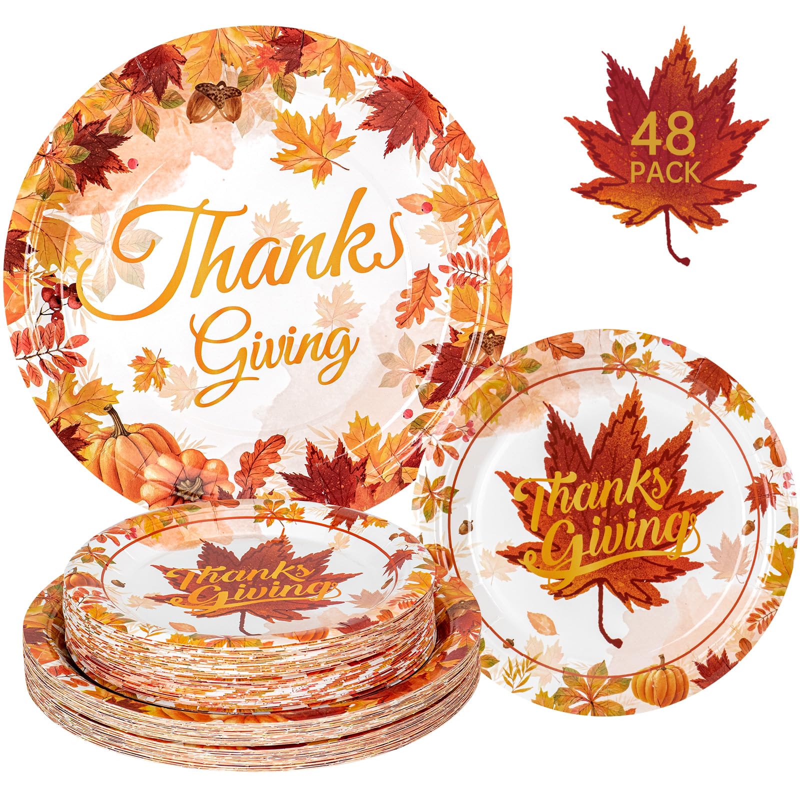 48 Pcs Thanksgiving Disposable Paper Plates Set - Fall Pumpkin & Maple Leaf Design Round Party Dinnerware for Autumn Thanksgiving Day, Halloween, Harvest Festival Decorations | Perfect for Holiday Gatherings, Family Dinners & Seasonal Table Settings