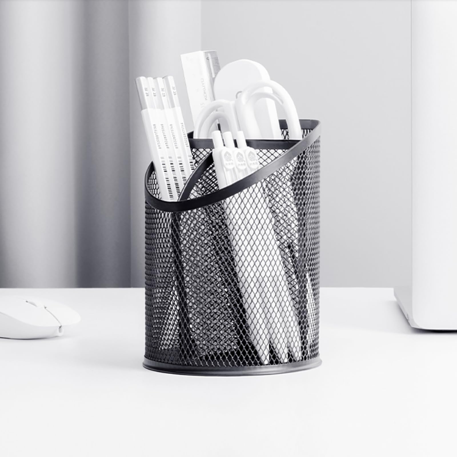Nicunom 4 Pack Black Metal Mesh Pen Holder - Round Steel Desk Organizer with 3 Compartments for Pencils, Pens & Office Supplies | Perfect for Home, Office & School Organization