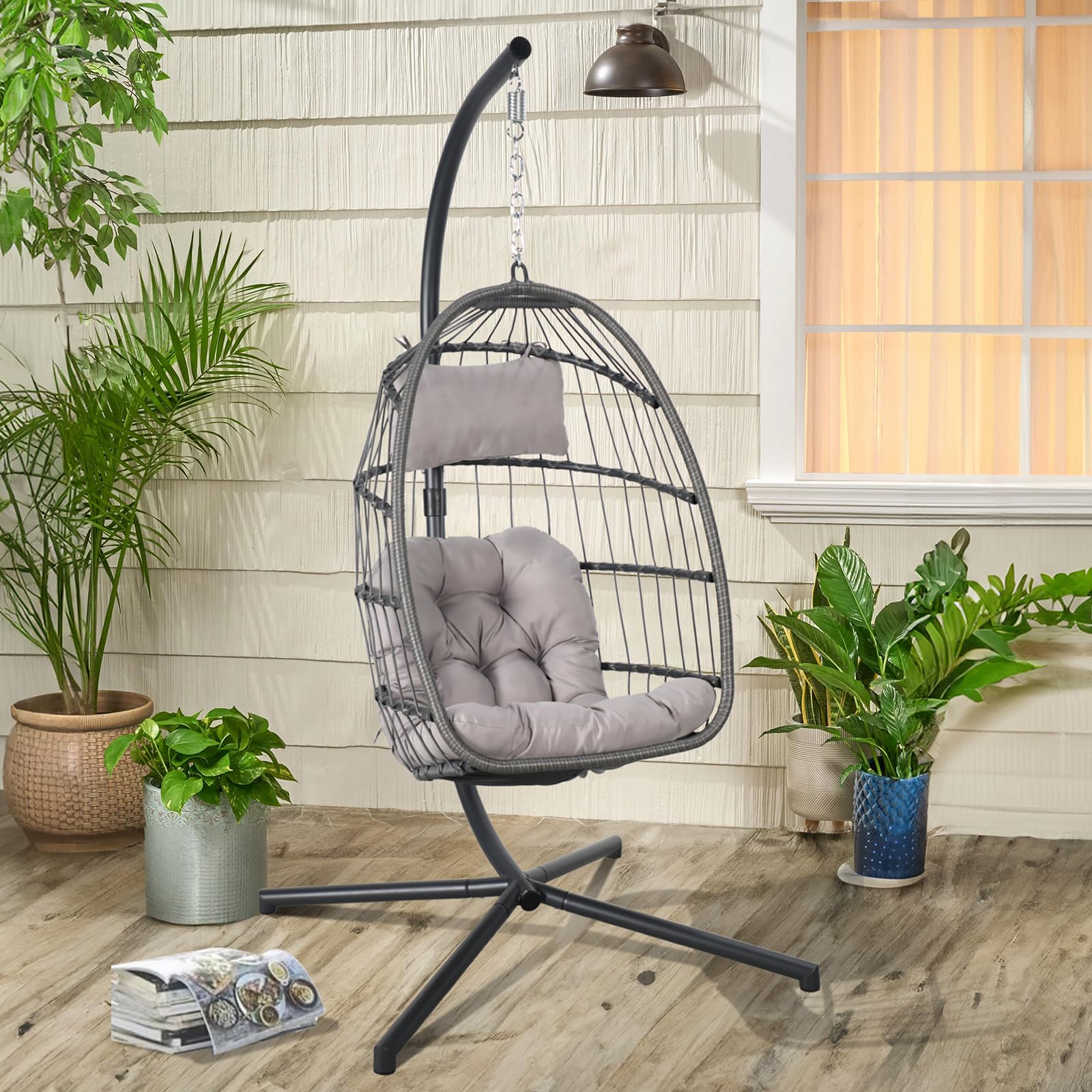 Yangming Hanging Egg Chair with Stand & Weather Cover - Indoor/Outdoor Foldable Wicker Rattan Swing Hammock Seat with Cushion Headrest, 350lbs Capacity - Perfect for Bedroom, Patio, Porch, Garden & Backyard Relaxation - Great Christmas Gift Idea