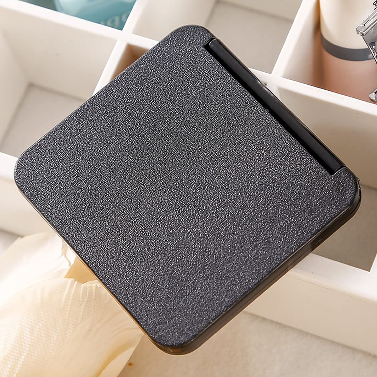 Wolpin Foldable Makeup Mirror - Portable Vanity Mirror for Women & Men - Compact Square Framed Glass Mirror for Handbag, Purse, Travel & Home Use - Black Tabletop Mount Mirror for Makeup, Shaving & Grooming