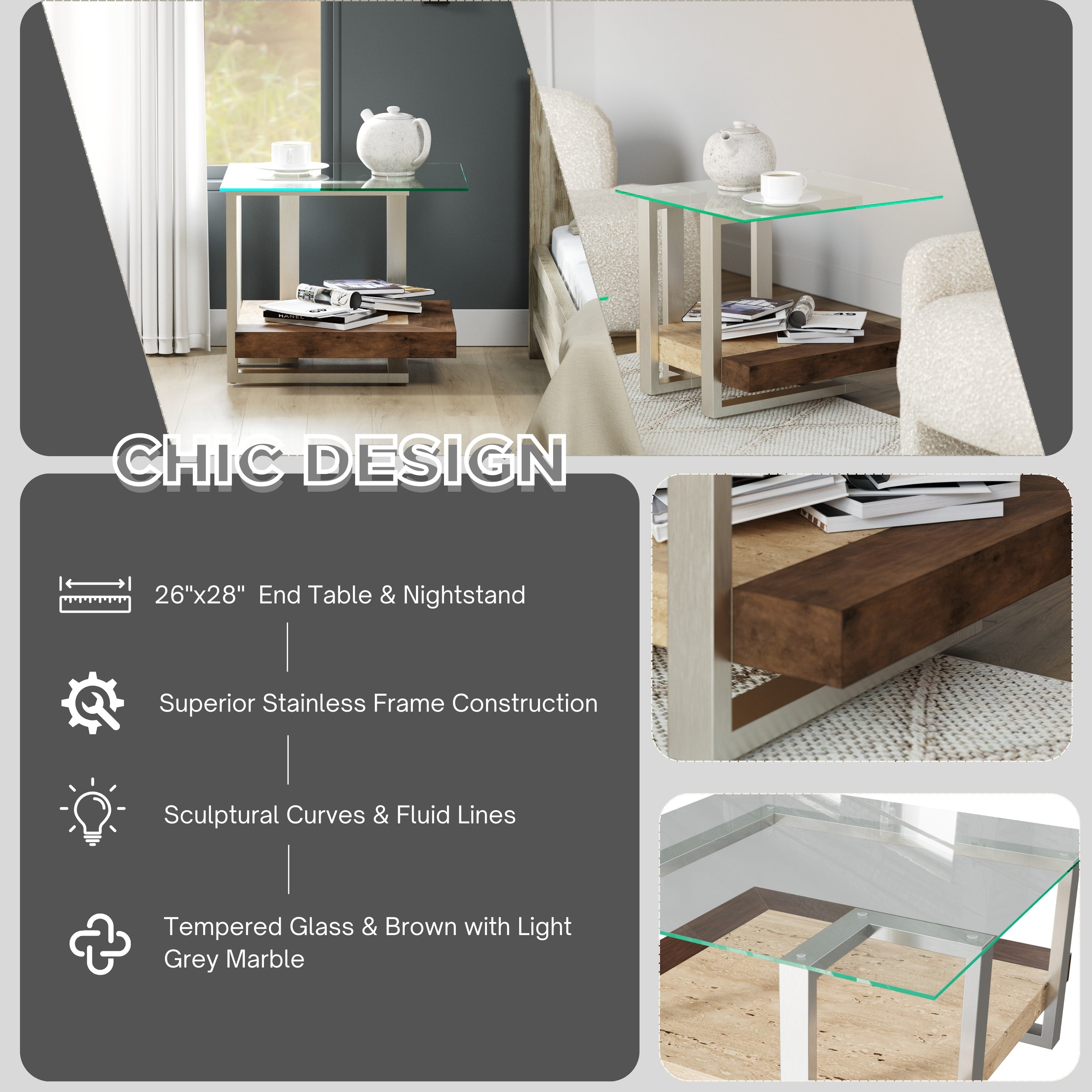 Roundhill Furniture Andes Glass End Table with Marble Shelf - Polished Nickel Finish - Modern Living Room Side Table for Sofa, Bedroom & Office Decor