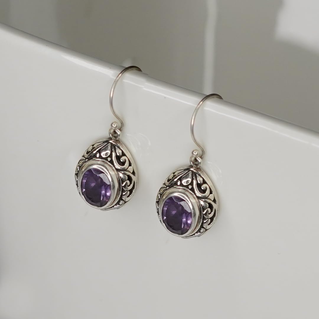 Handmade 925 Sterling Silver Purple Amethyst Gemstone Filigree Drop Dangle Earrings for Women | Unique Tribal Fashion Jewelry | Perfect for Boho Chic, Wedding & Special Occasions