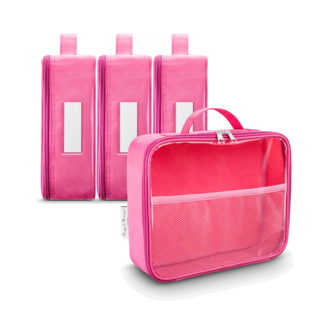 4 Pack Pink Medium Toy Storage Bags - Travel & Car Toy Organizer for Building Bricks, Tiles, Toys, Games & Crafts - Perfect for Kids Room Organization & On-the-Go Playtime