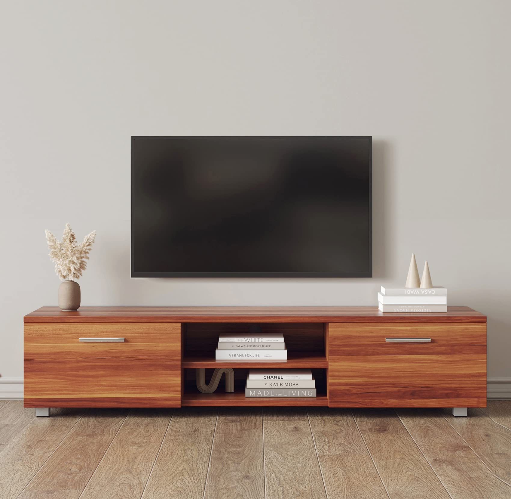 Modern TV Stand for 40-65 Inch TVs - Low Profile Entertainment Center with Storage Shelves | Wood Grain Media Console for Living Room, Bedroom & Home Theater
