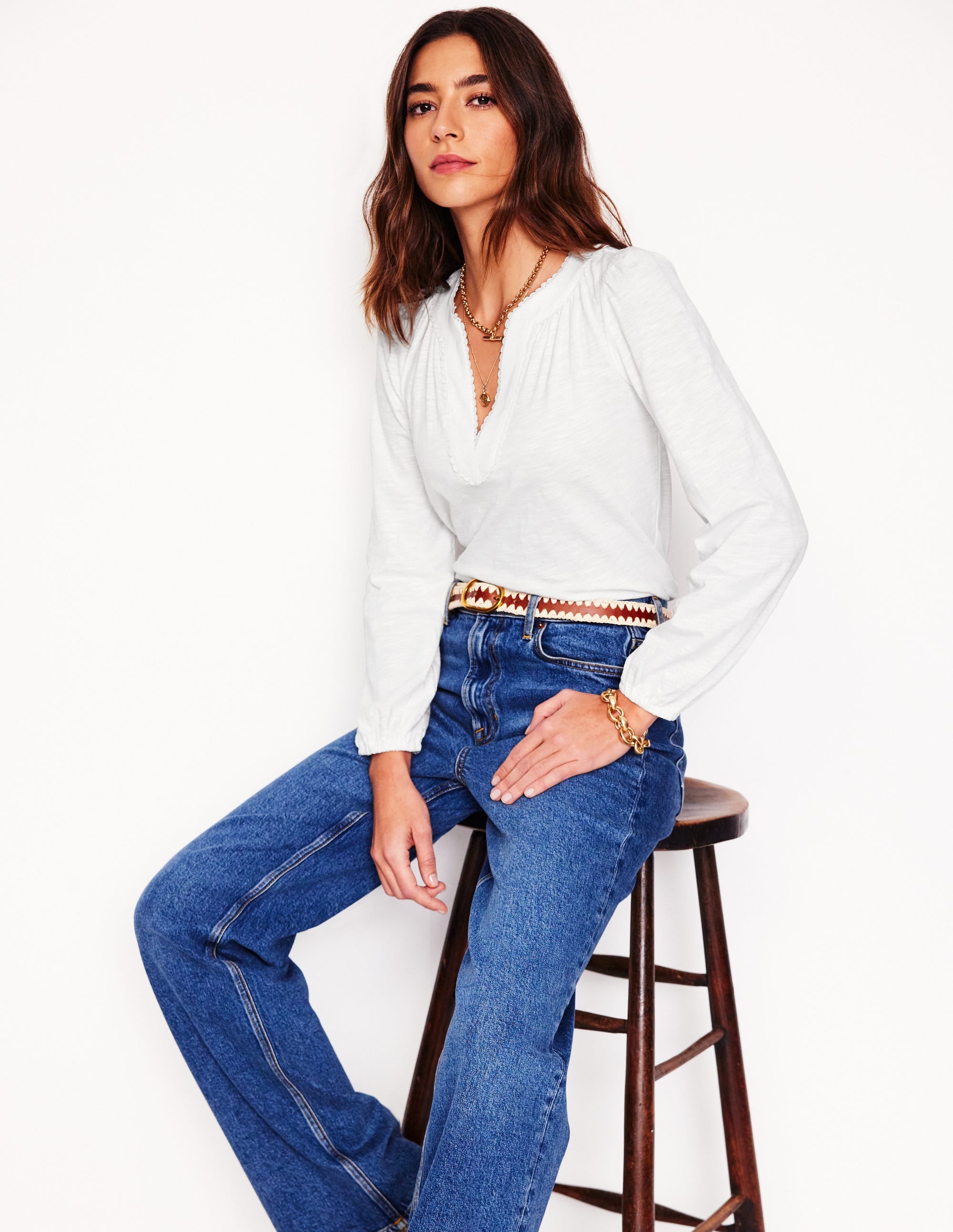 Ava Women's Long Sleeve Trim Top - White Blouse for Work, Office & Casual Wear | Slim Fit Basic Shirt for Everyday Outfits