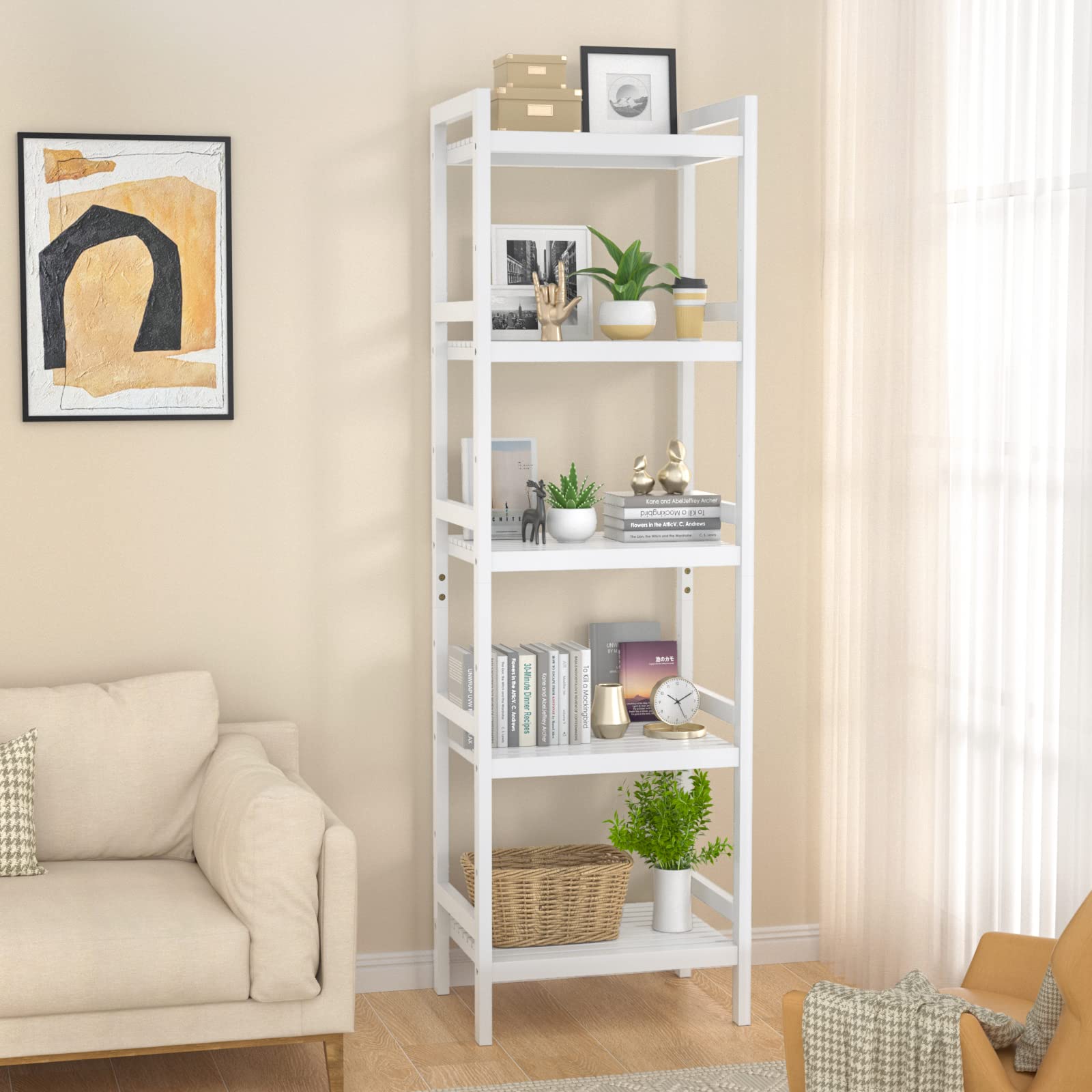 Homykic White Bamboo Over The Toilet Storage Shelf with 5-Tier Bathroom Organizer - Space Saving Bathroom Storage Solution for Small Spaces, Toilet Paper Holder & Towel Rack