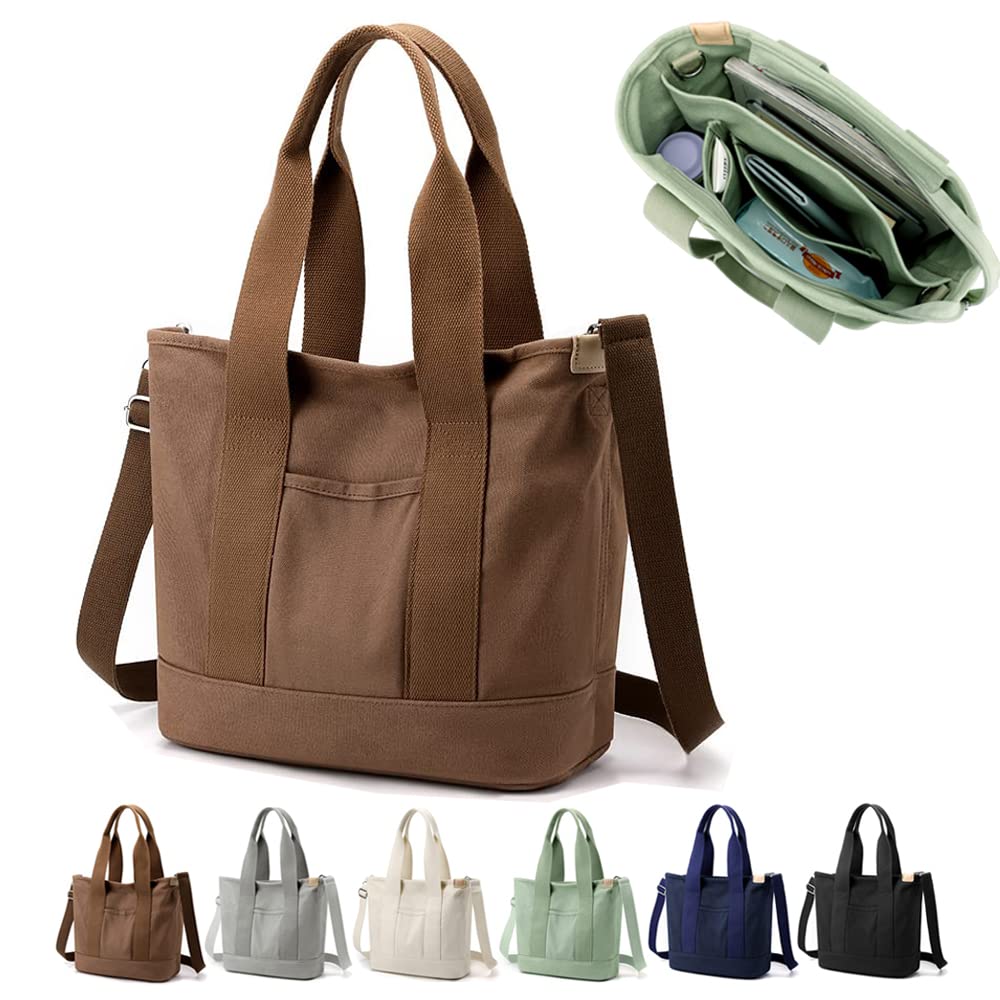2023 Japanese Handmade Multi-Pocket Canvas Tote Bag with Zipper - Large Capacity Crossbody Purse for Women (Coffee, Large Size) | Perfect for Work, Travel & Shopping