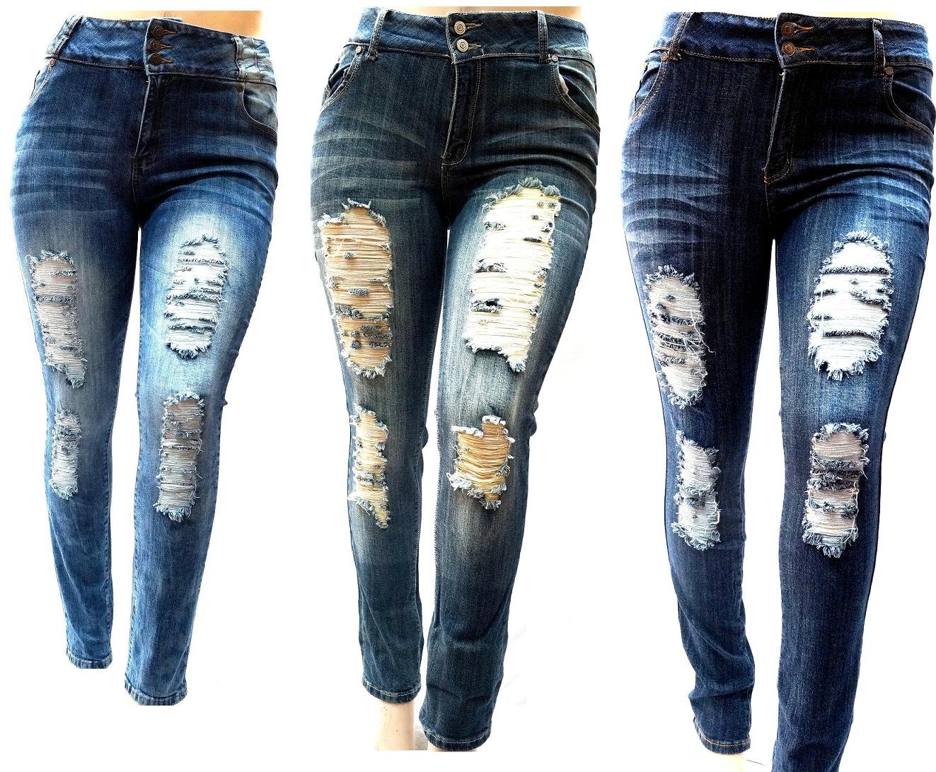 Jack David 1826 Women's Plus Size Stretch Ripped Skinny Jeans - High Waist Distressed Denim Pants for Casual Wear & Night Out