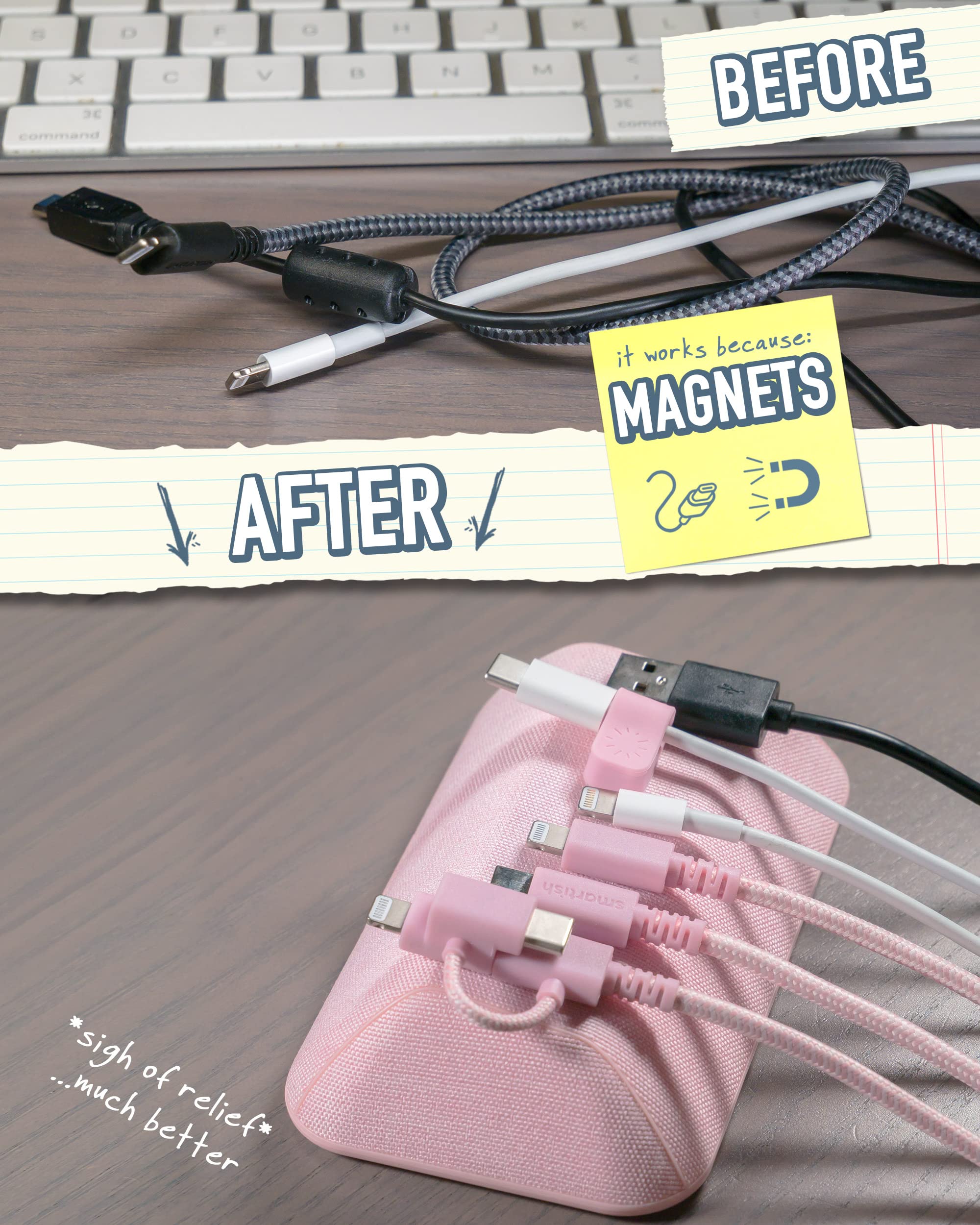Smartish Magnetic Cord Holder - Strong Magnet Cable Organizer for Charger Management on Desk, Nightstand, Side Table - Holds 6+ Cables (I'm Blushing) - Perfect for Home Office, Bedroom, Car & Travel Accessories Organization