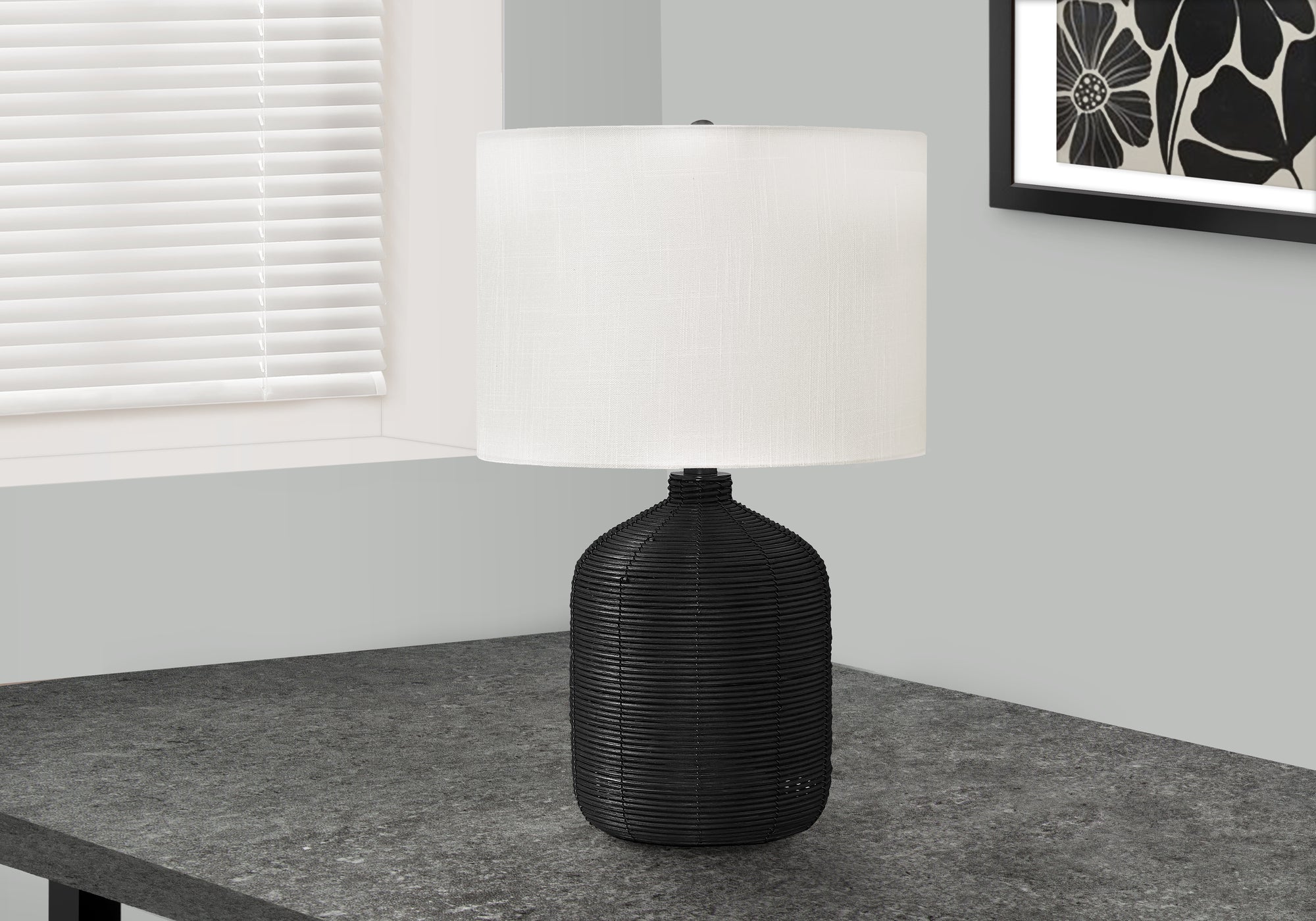 Black Rattan Table Lamp - Modern Ivory/Cream Shade Lighting for Bedroom & Living Room - 23 Inches Tall - Stylish Home Decor