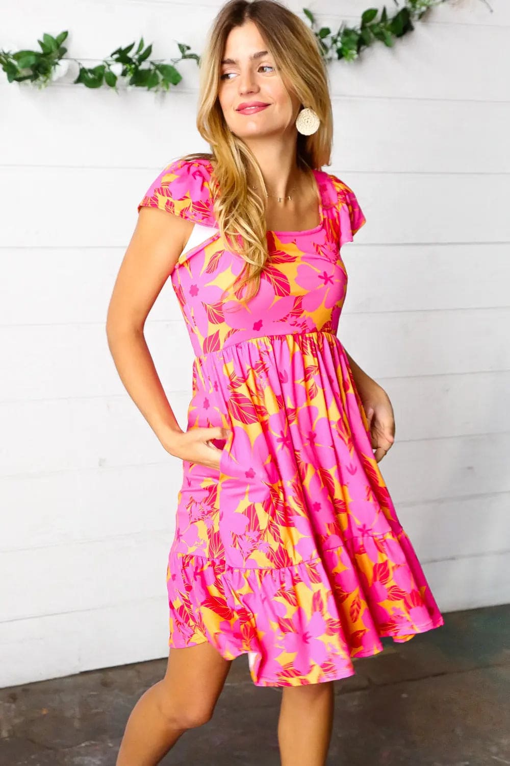 Fuchsia & Orange Tropical Floral Square Neck Summer Dress for Women - Beach Vacation, Party & Casual Outfit