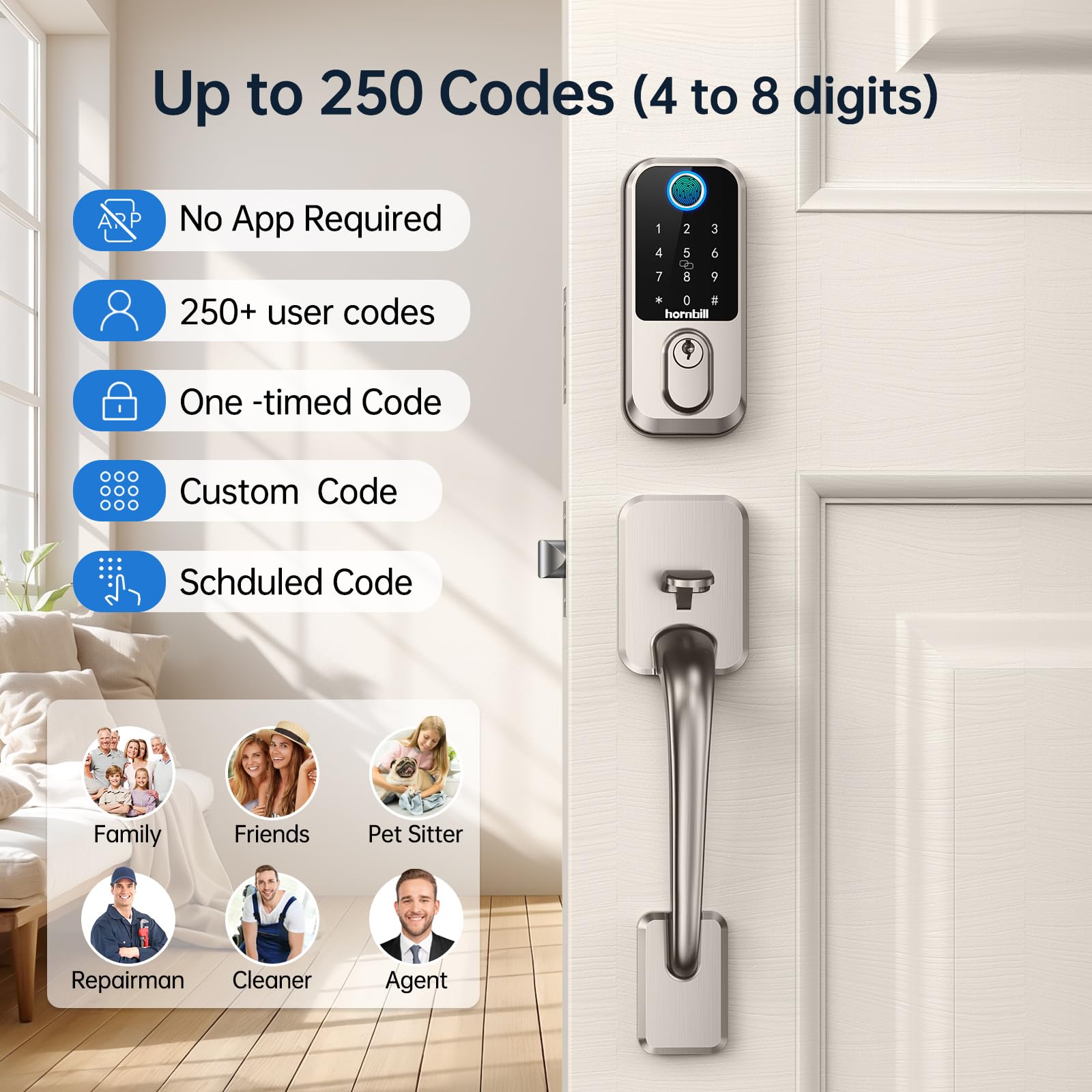 WiFi Fingerprint Smart Door Lock - Keyless Entry Deadbolt with Handle, Biometric Bluetooth Keypad Lock for Front Door & Entry Door - Satin Nickel Finish | Secure Home, Office & Vacation Rental Access
