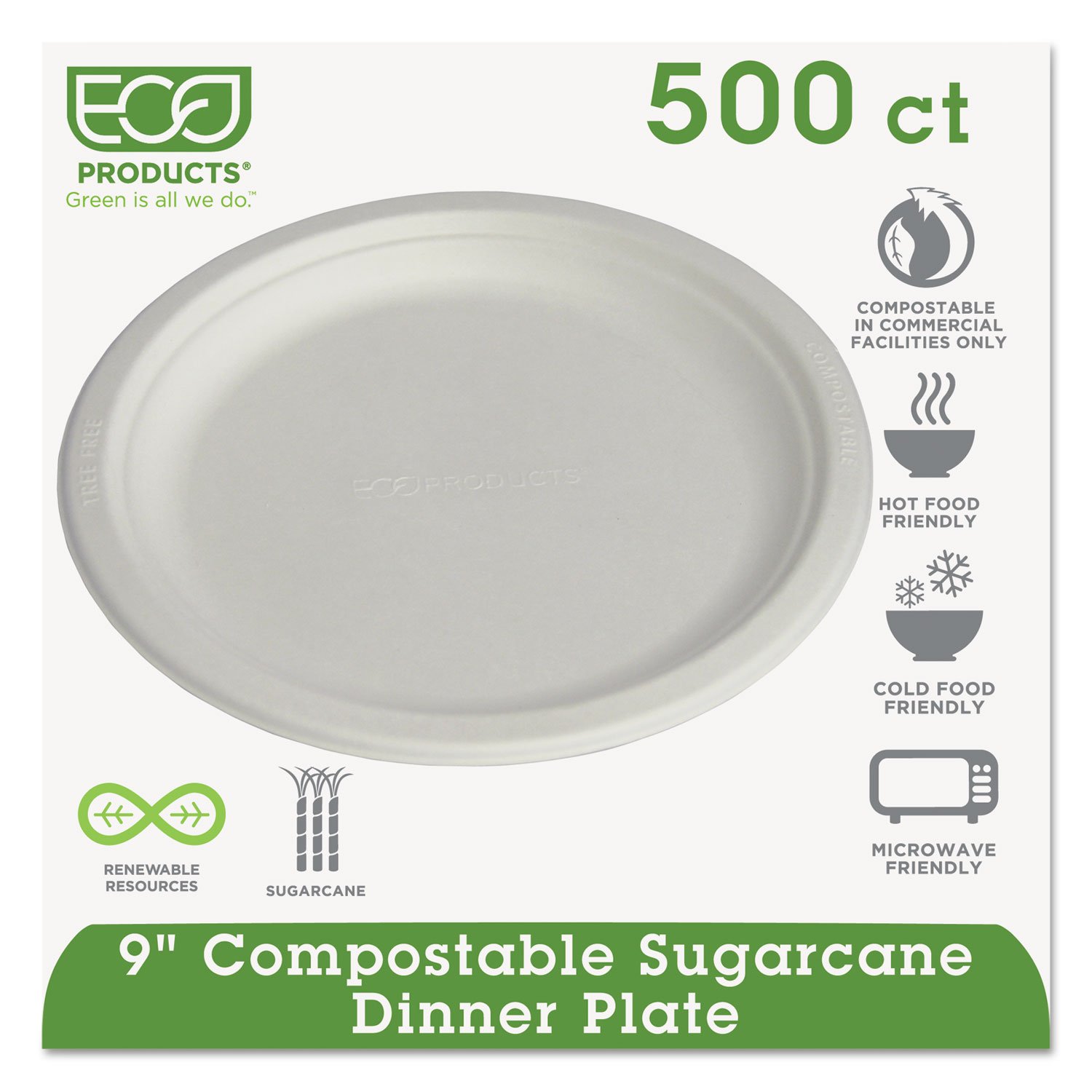 Eco-Products EPP013 9-Inch Compostable Sugarcane Plates - 500 Count, Biodegradable & Eco-Friendly Dinnerware for Parties, Picnics & Events