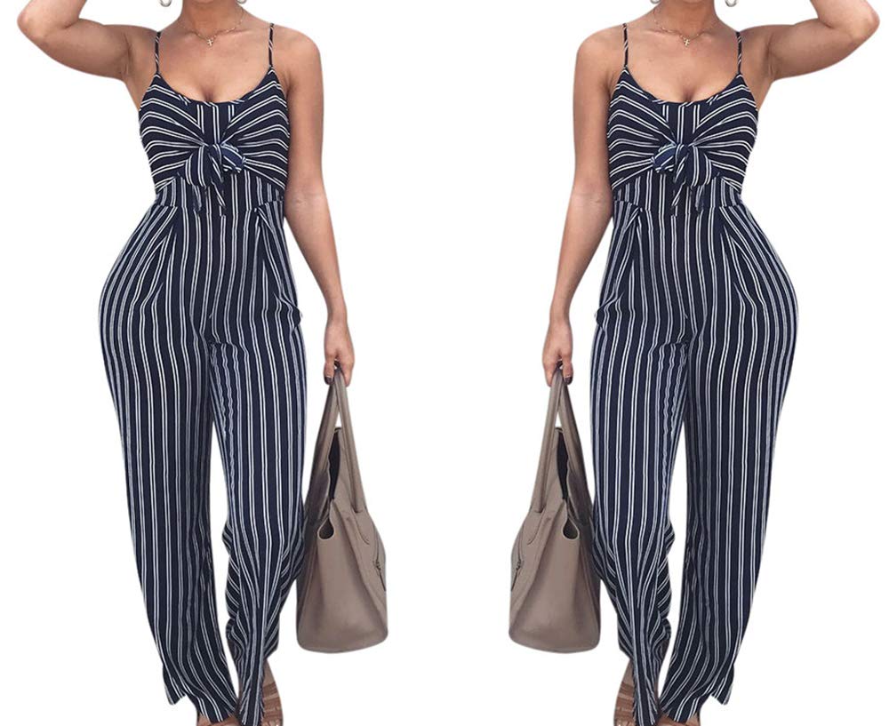 SheKiss Women's Striped Summer Jumpsuit 2025 - Sexy Spaghetti Strap Sleeveless Romper with Pockets | Beachwear, Vacation Outfit, Casual Summer Dress