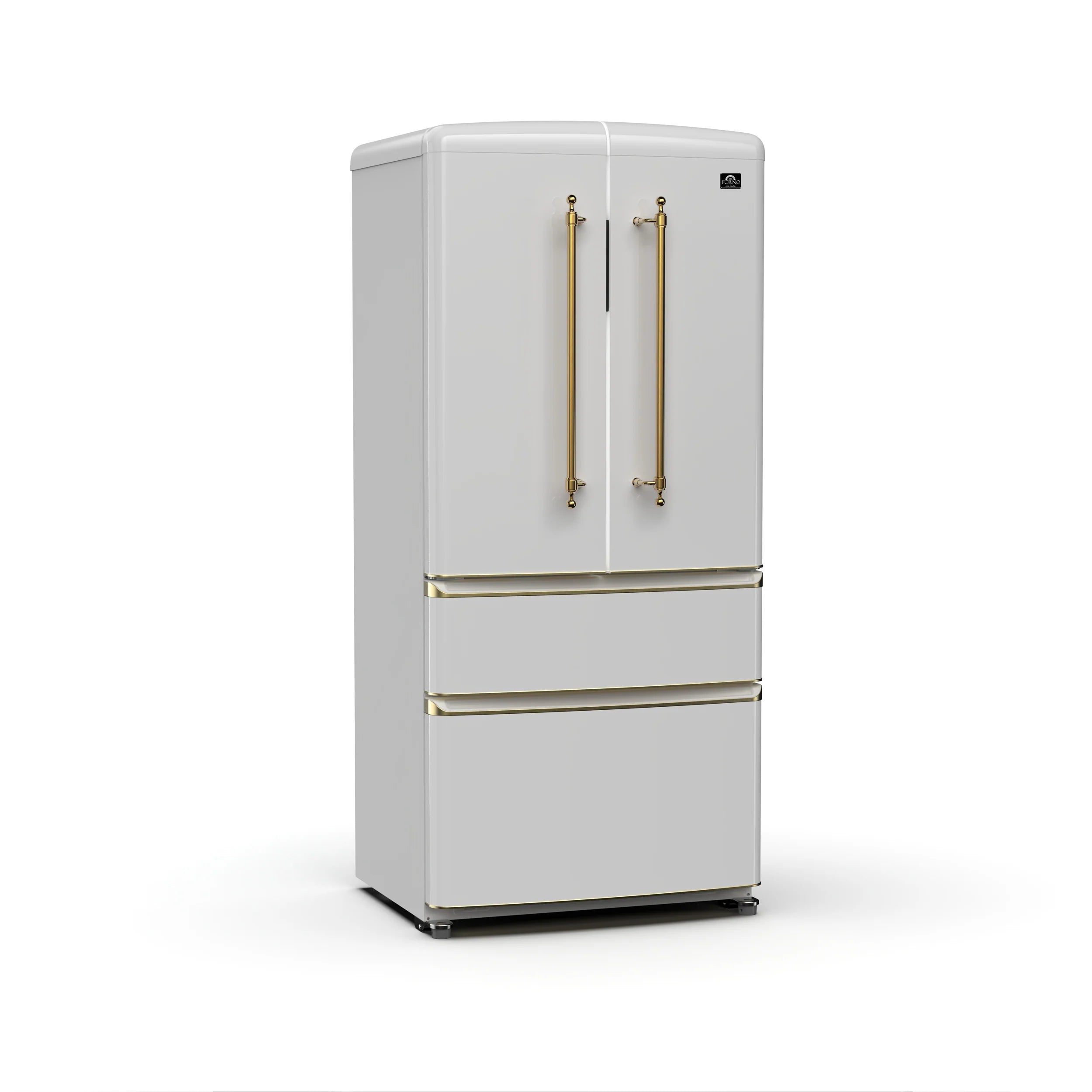 Forno Luigi 33 Inch French Door Refrigerator in White with Antique Brass Finish - Model FFFFD1791 33WHT | Perfect for Modern Kitchens, Restaurants & Open-Concept Living Spaces