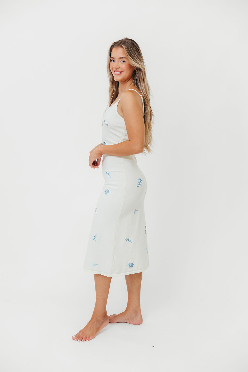 Floral Embroidered Wisteria Sweater Midi Dress - Women's Elegant White Knit Dress for Fall & Winter, Perfect for Office, Date Night, and Holiday Parties