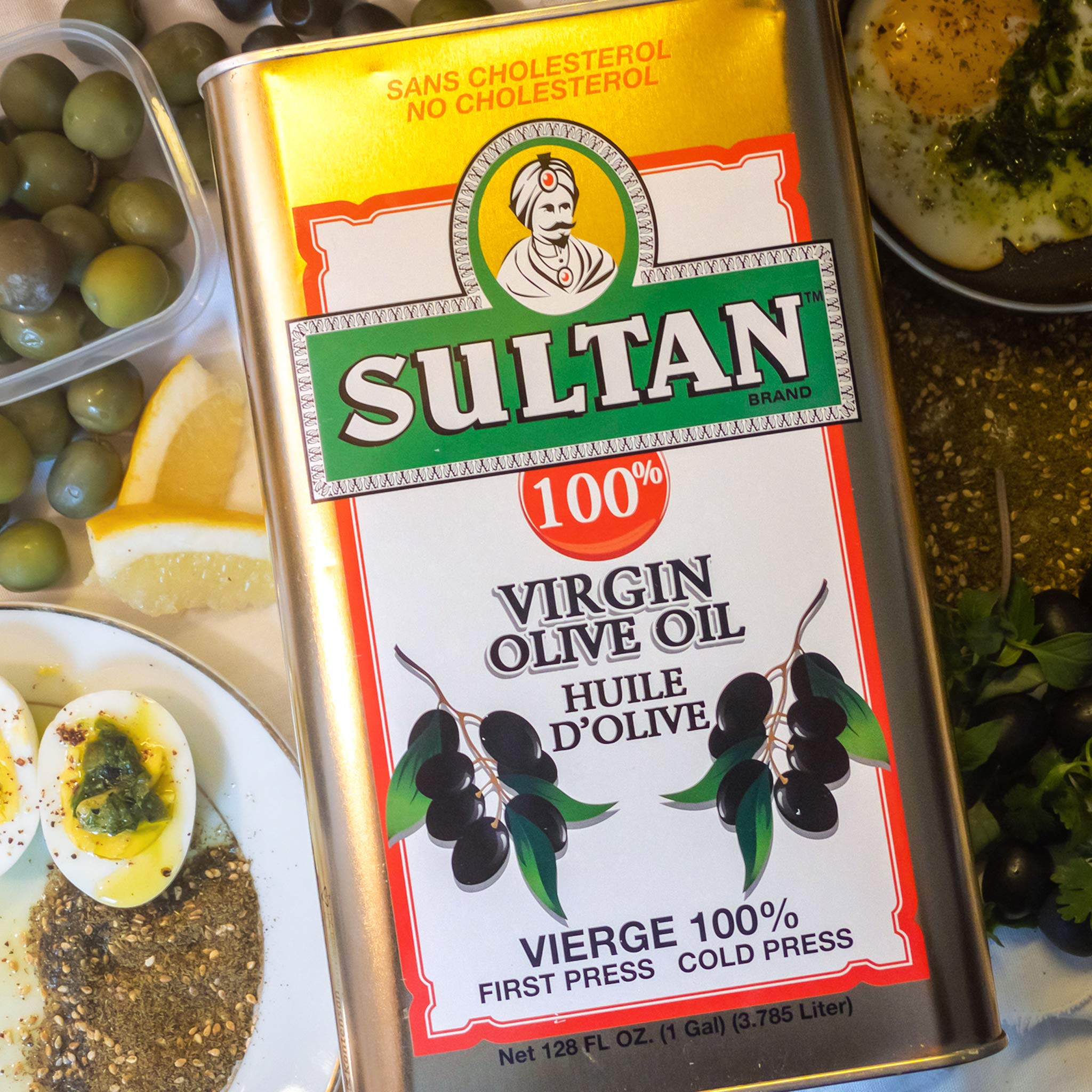 Premium Sultan Virgin Olive Oil - First Cold Pressed, 100% Pure, No Additives, No Preservatives, Cholesterol Free - 128 Fl Oz (1 Gallon) - Perfect for Cooking, Salad Dressing & Healthy Recipes