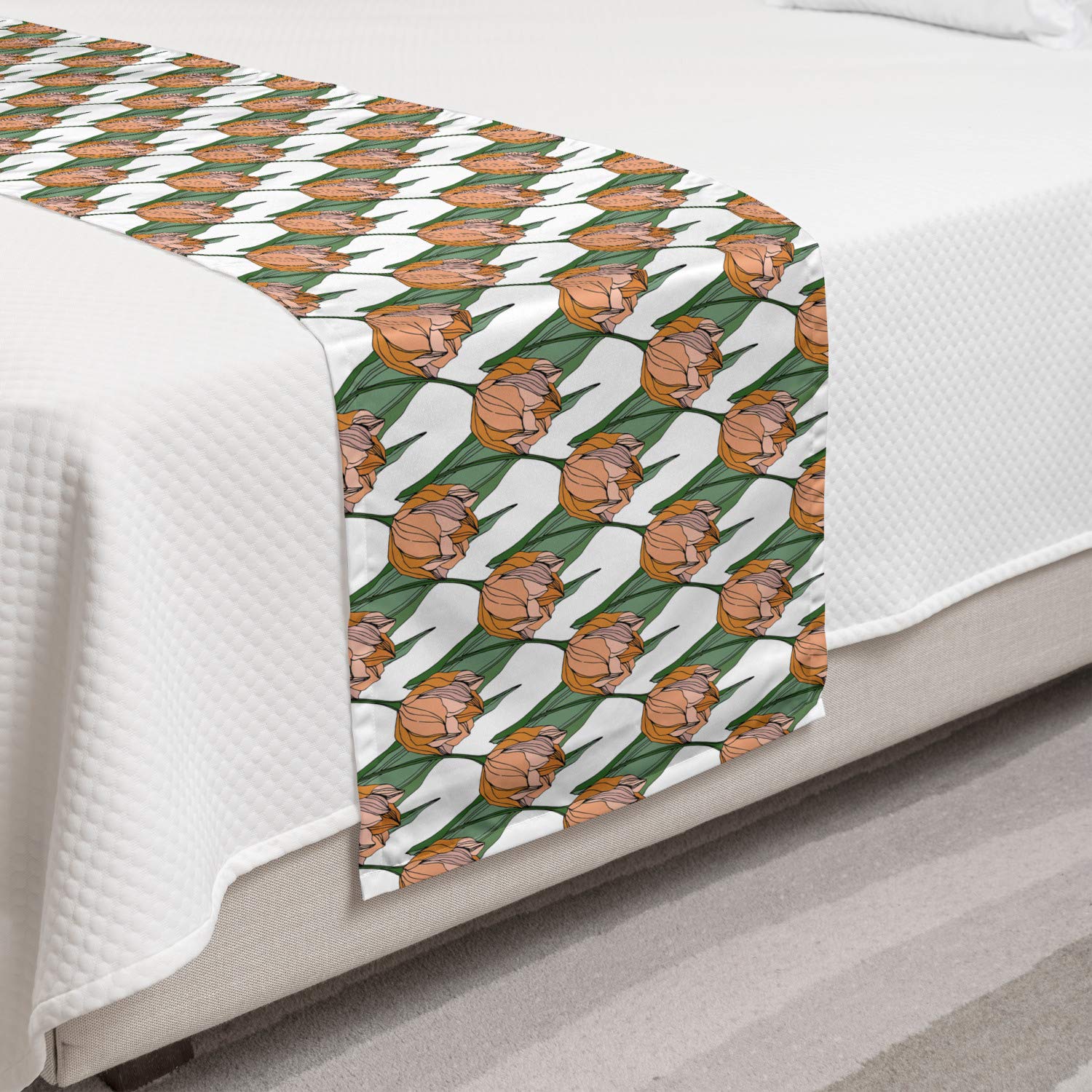 Ambesonne Floral Vintage Bed Runner - Tulip Flowers & Leaves Embroidery on White Background, Decorative Bed Scarf for Twin Beds, Hotels & Guest Rooms | Perfect for Spring Bedroom Decor & Wedding Accents
