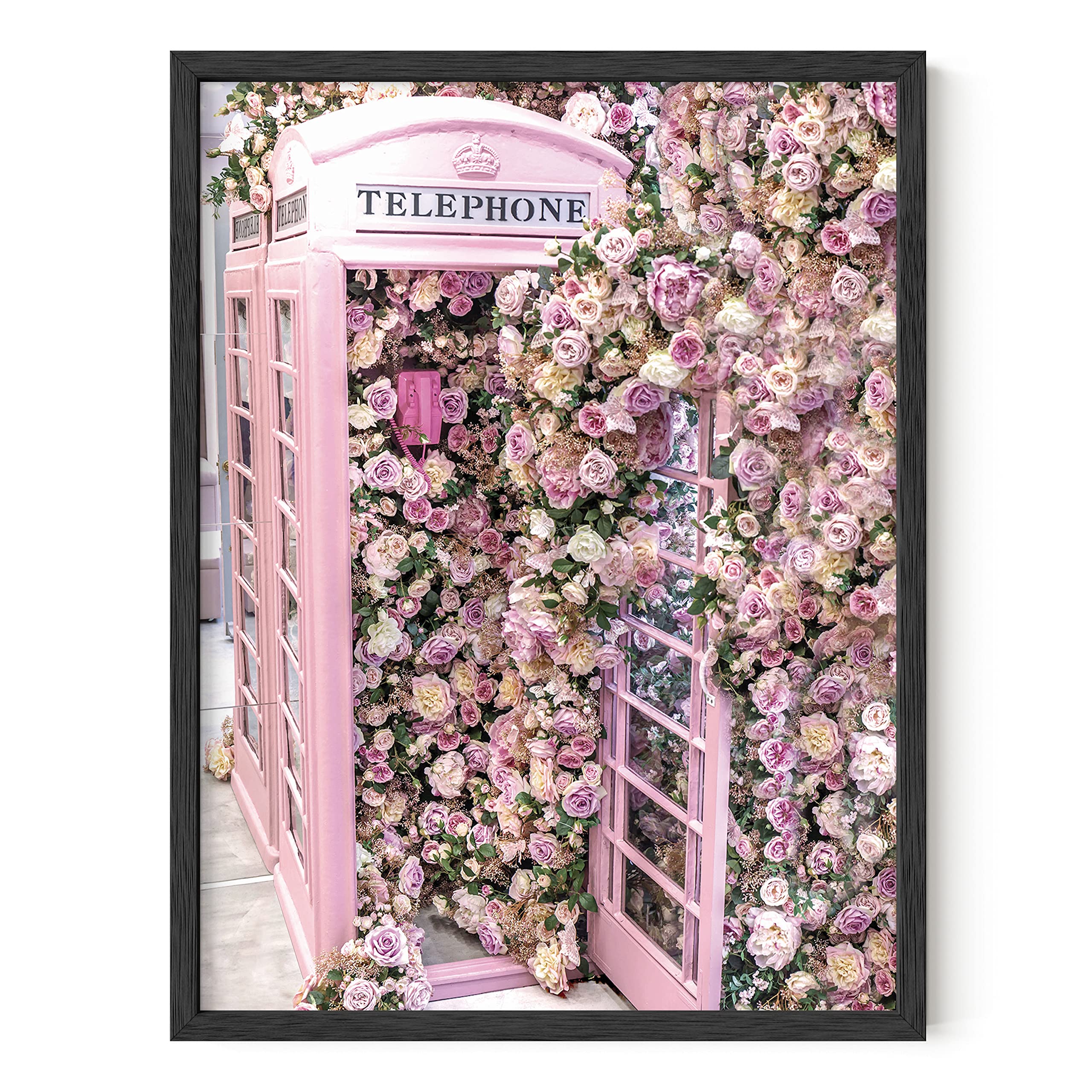 HAUS AND HUES Floral Phone Booth Wall Art - Pink Parisian Flower Poster with Black Frame (12”x 16”) | Vintage Paris Decor for Living Room, Bedroom & Office | Fashionable Home Décor Gift Idea