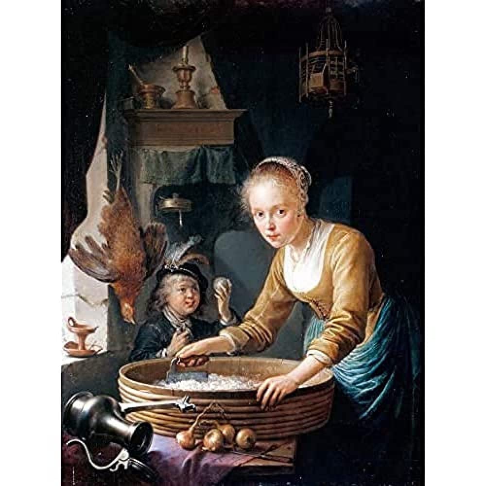 Dou Girl Chopping Onions Child Kitchen Painting - Premium Canvas Art Print for Wall Decor, Mural Poster | Perfect for Kids Room, Kitchen Decor & Nursery Wall Art