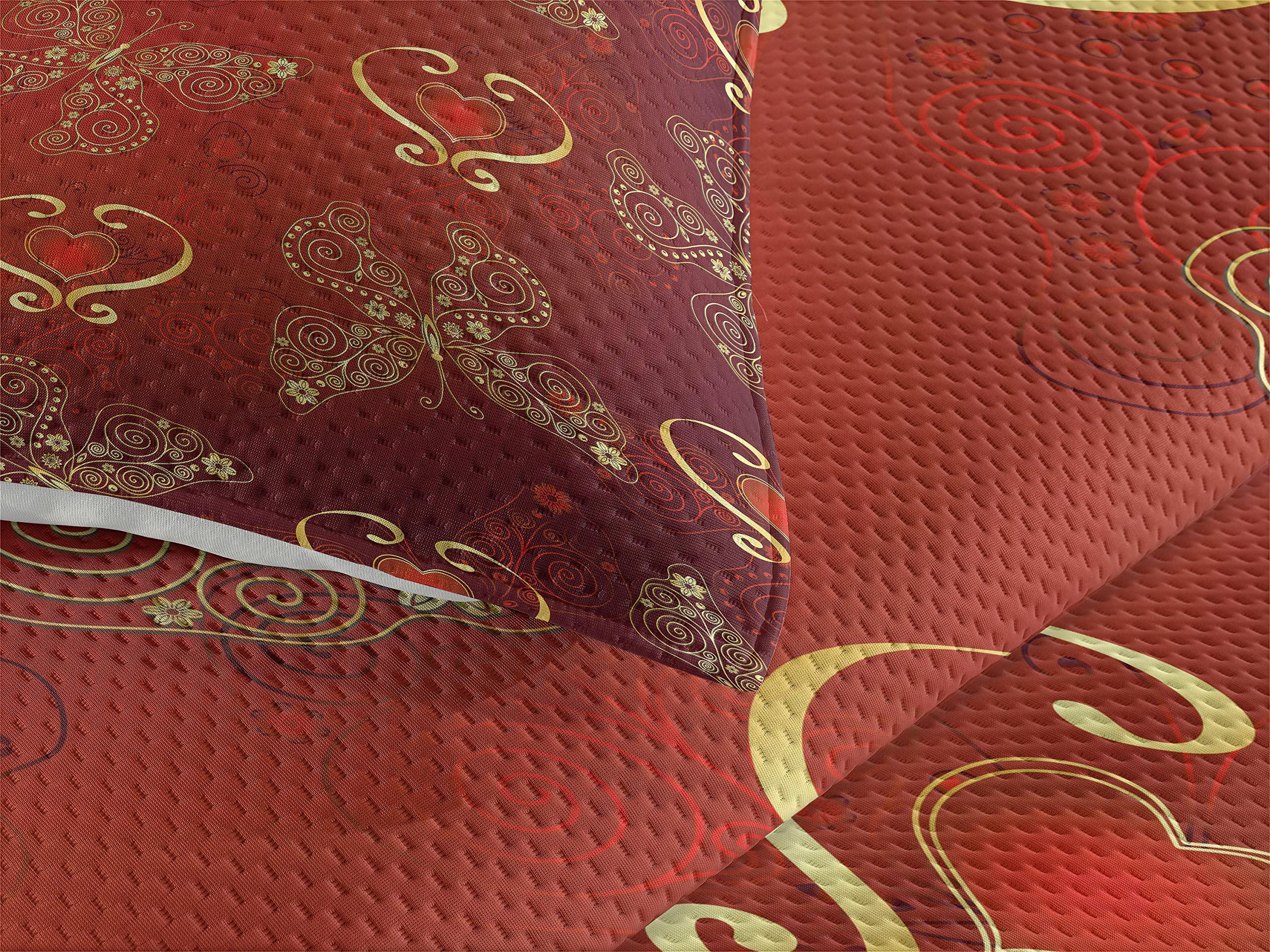 Lunarable Maroon King Size Coverlet Set - Romantic Swirled Lines, Ornate Lace Style with Butterflies & Hearts - 3-Piece Quilted Bedspread Set Includes 2 Pillow Shams in Yellow Vermilion - Perfect for Valentine's Day, Master Bedroom Decor & Cozy Home Styling