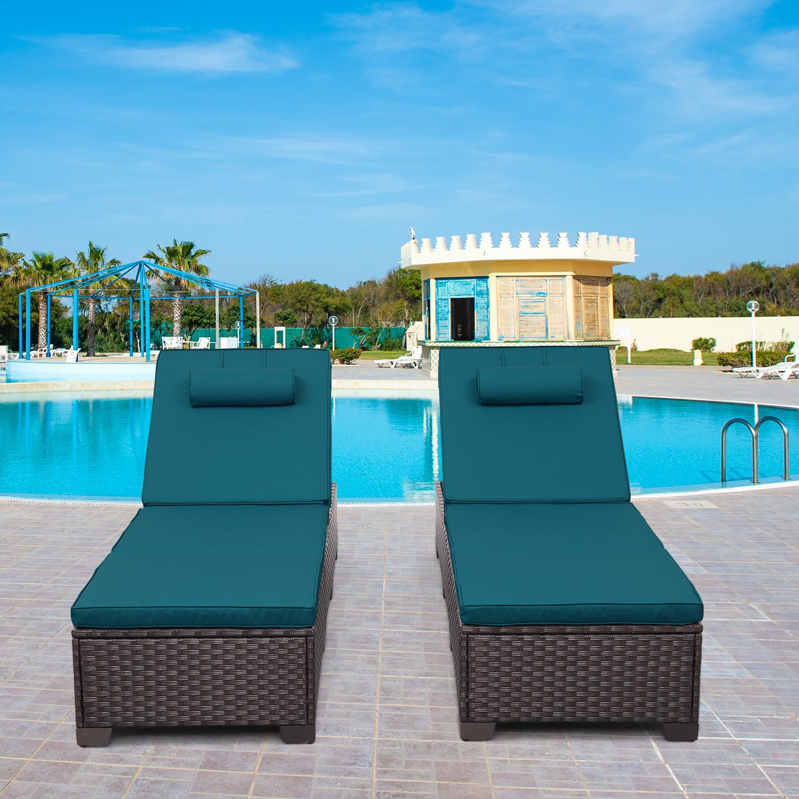 2-Piece Brown Wicker Outdoor Chaise Lounge Set - Adjustable Backrest with Peacock Blue Cushions & Headrest - Perfect for Poolside, Patio, Garden Relaxation and Sunbathing