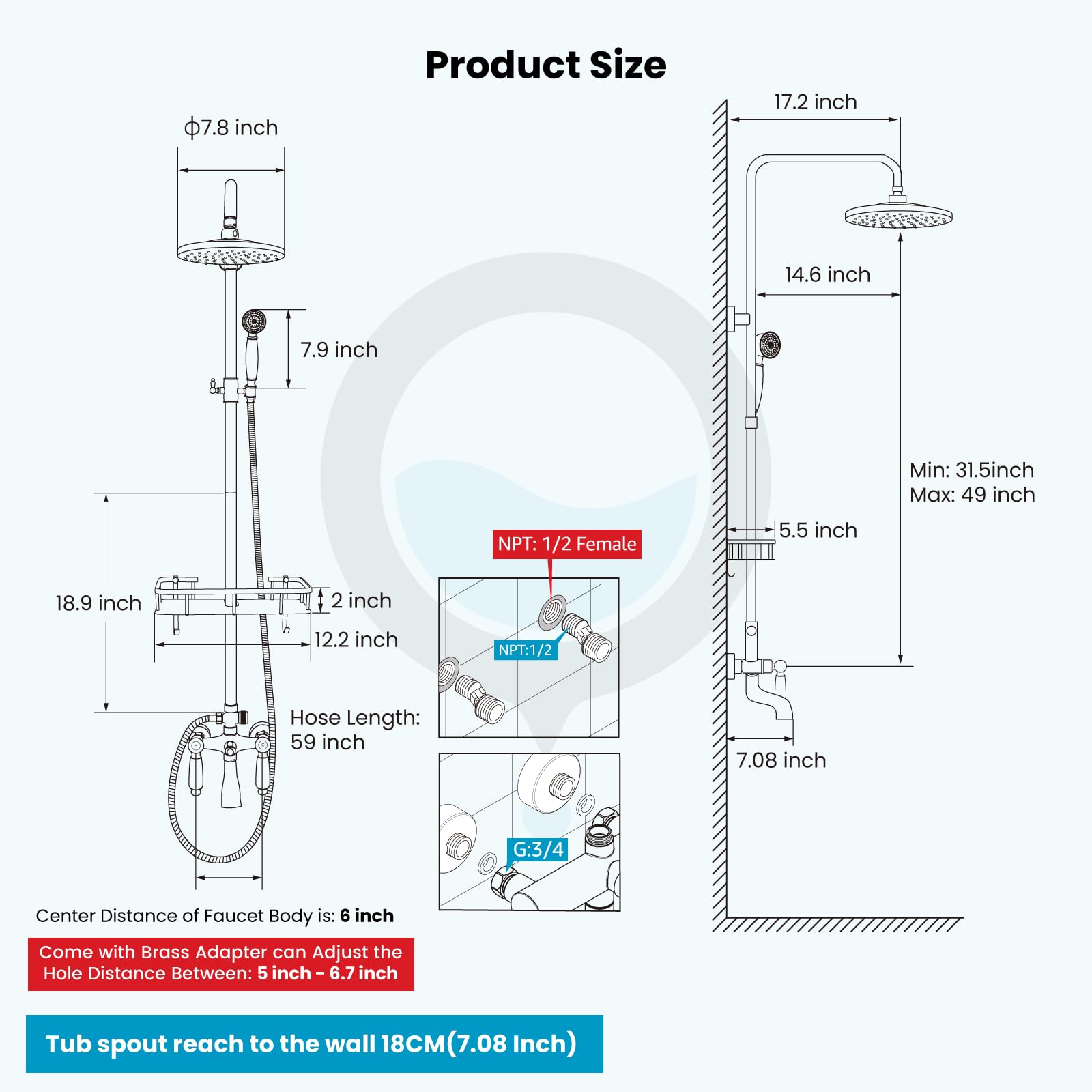 Gotonovo 8 Inch Rainfall Shower System - Antique Brass Wall Mounted Tub Shower Faucet Set with Handheld Sprayer, Shower Shelf & Tub Spout | Modern Bathroom Upgrade for Spa-Like Experience