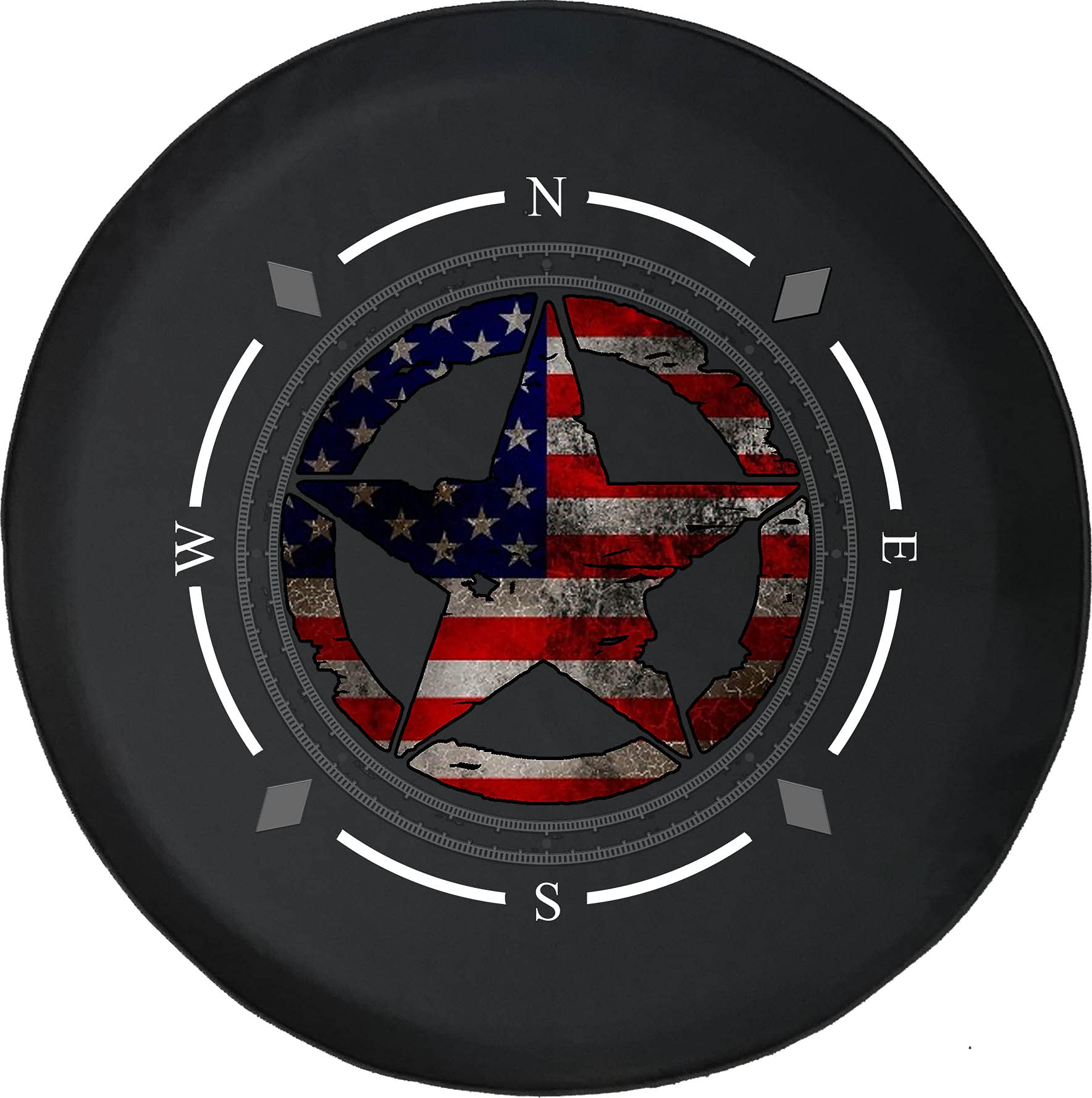 Military Star American Flag Spare Tire Cover with Compass Design - Durable SUV, Trailer & RV Wheel Cover Accessories for Off-Road Adventures & Camping Trips