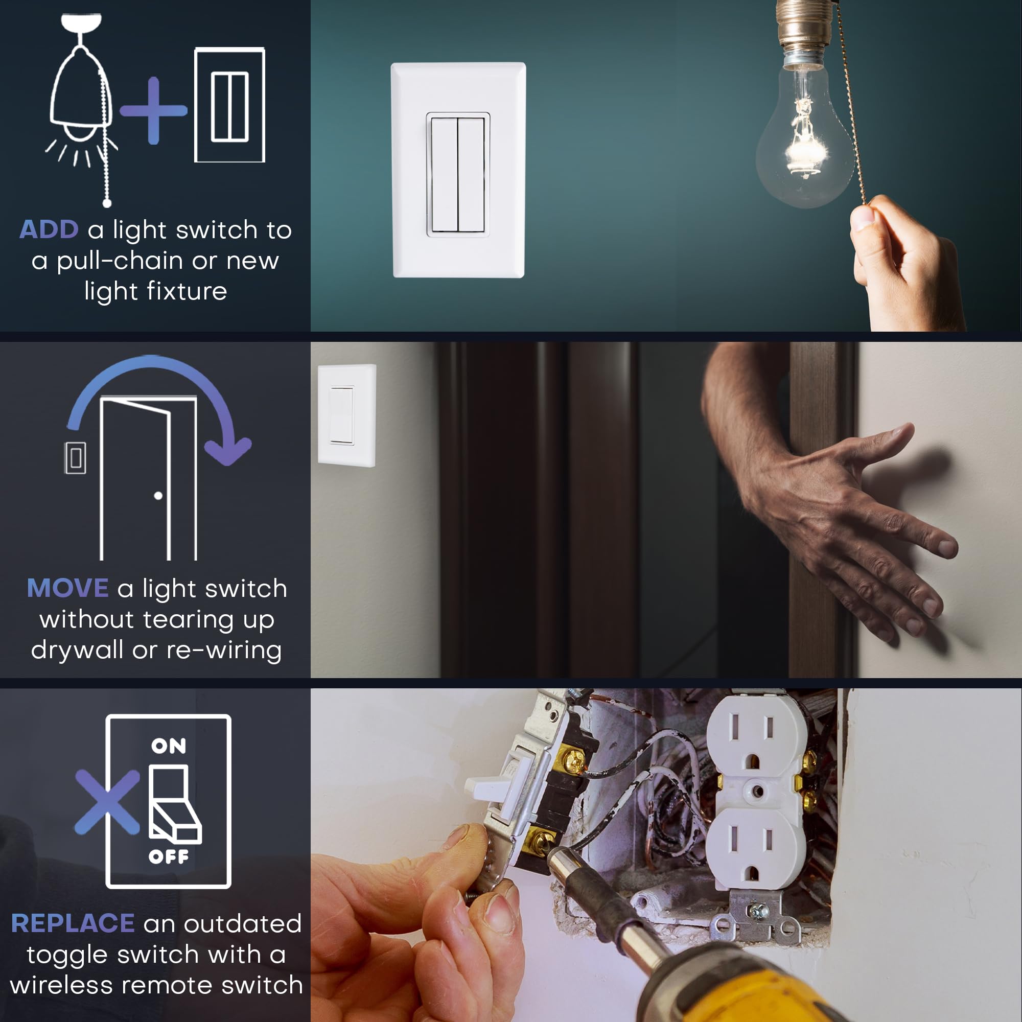 RunLessWire 3-Way Wireless Fan & Light Switch Kit - Battery-Free, Self-Powered Kinetic Wall Switch with 150+ ft RF Range - Includes 2 On/Off Receivers & 2 Double Switches (Black) - Perfect for Bedroom, Living Room & Home Automation DIY Projects