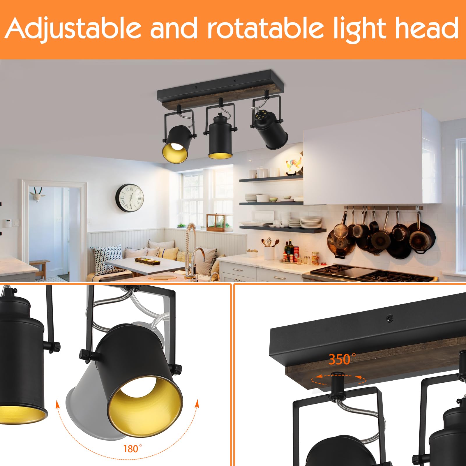 SEEBLEN Farmhouse 3-Light Adjustable Track Lighting for Kitchen, Dining Room, Living Room | Wall/Ceiling Mounted with Swivel Heads | Perfect for Kitchen Islands, Closets, and Sink Areas | Rustic Industrial Home Decor Lighting