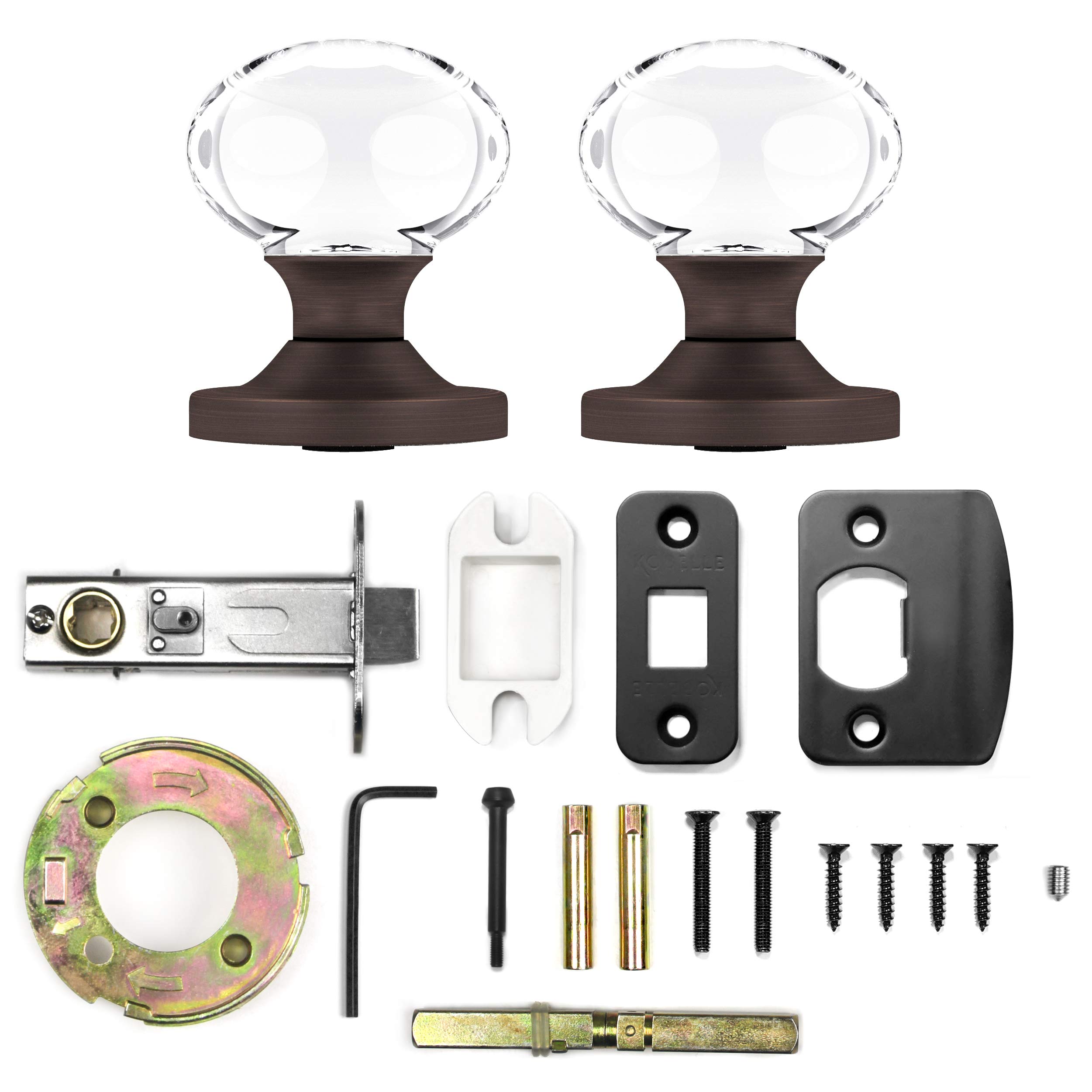 (6 Pack) Venetian Bronze Privacy Oval Egg Crystal Door Knobs with Round Rosette - Elegant Cabinet & Closet Hardware for Bedroom, Bathroom, and Interior Doors