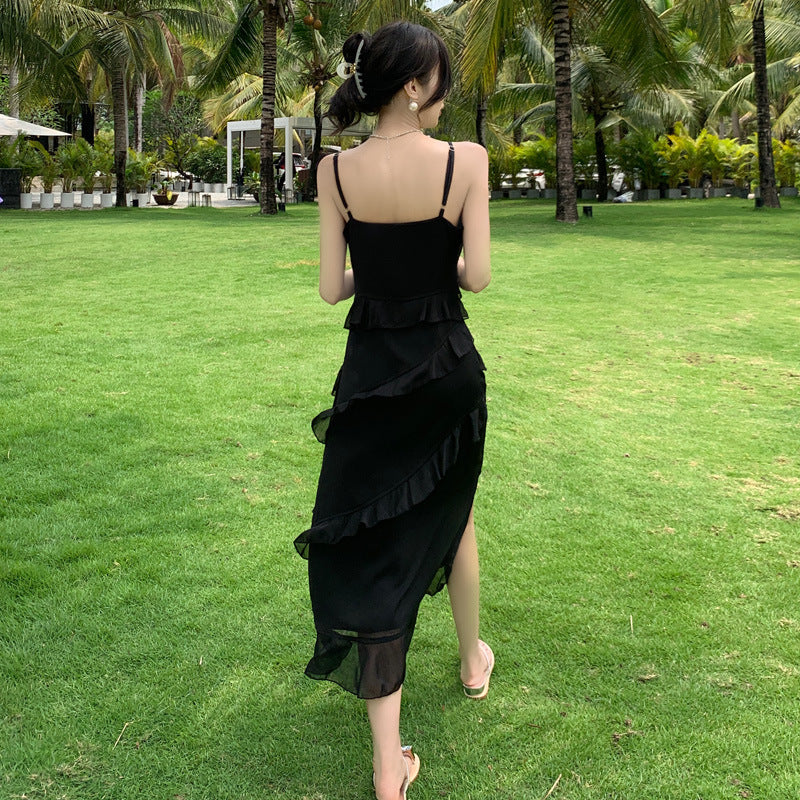 Elegant Black Long Summer Dress with Spaghetti Straps - Perfect for Evening Parties, Beach Vacations & Casual Outings