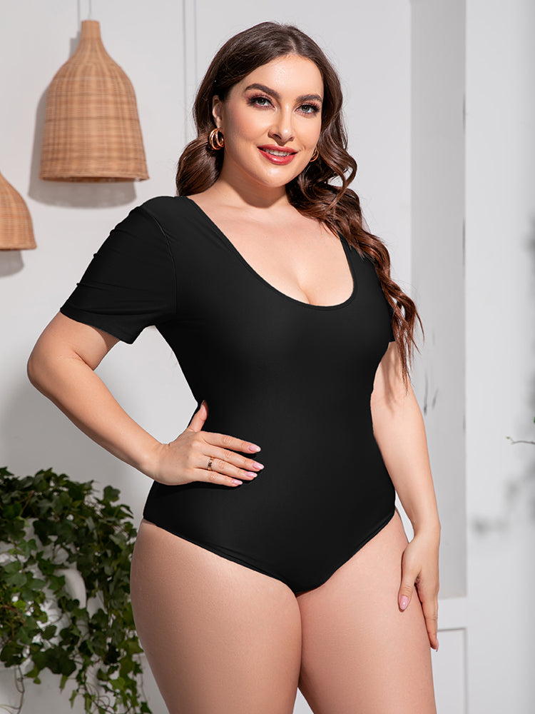 Plus Size Scoop Neck Short Sleeve One Piece Swimsuit for Women - Comfortable Bathing Suit with Tummy Control - Perfect for Beach, Pool, and Summer Vacation