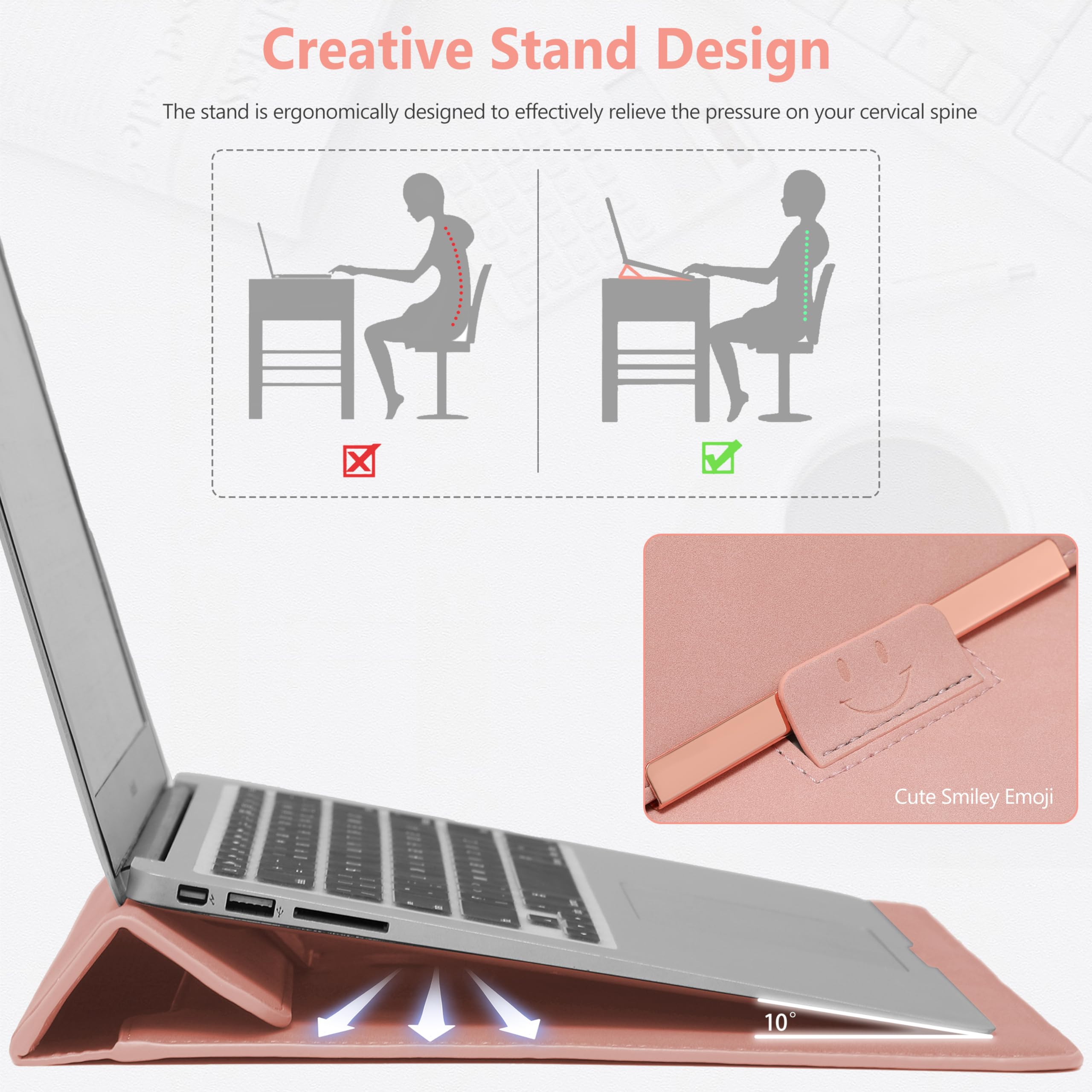 HYZUO 13 Inch Laptop Sleeve with Stand - Compatible with MacBook Air 13 M3/M2/M1 (2024-2018), MacBook Pro 13 M2/M1 (2024-2016), iPad Pro/Air 13 M4/M2 (2024), Surface Pro 11/10 - Protective Case with Carry Bag - Pink Smiley Design - Perfect for Work, Travel & School